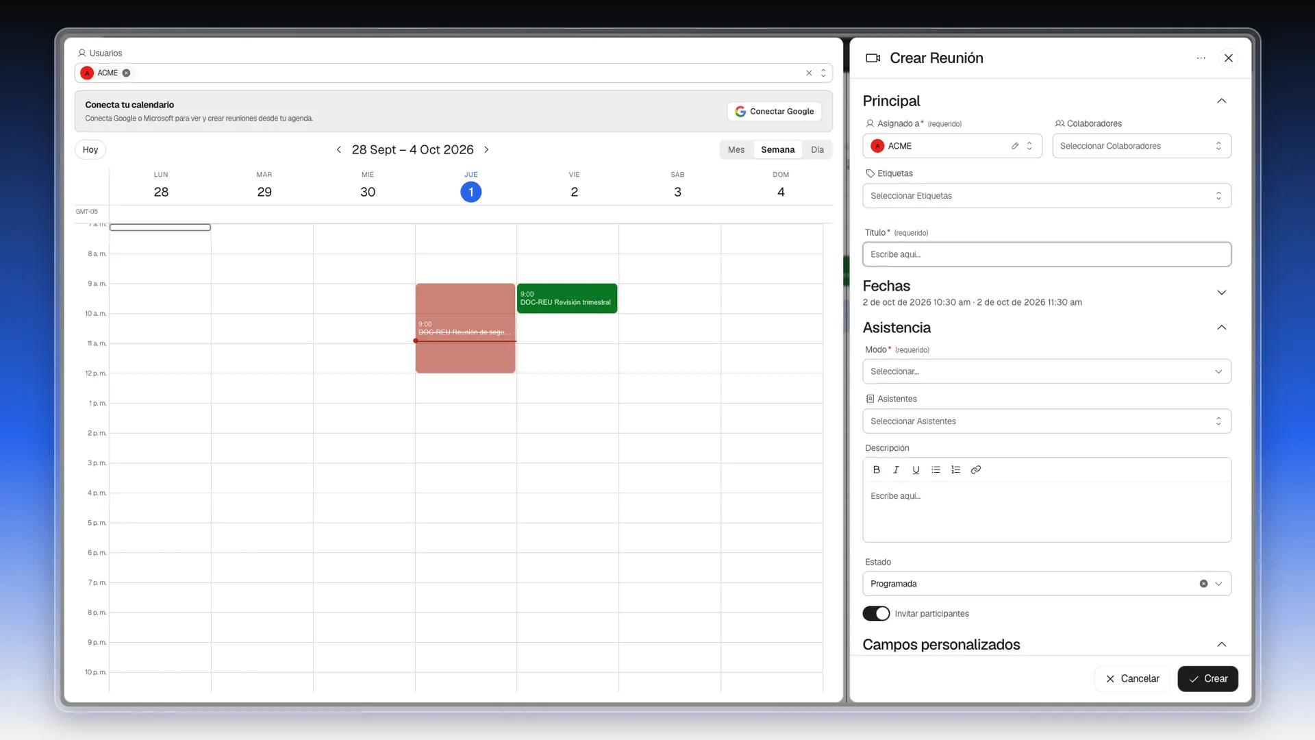 Panel Crear Reunión abierto desde una franja del calendario, con las fechas ya rellenas
