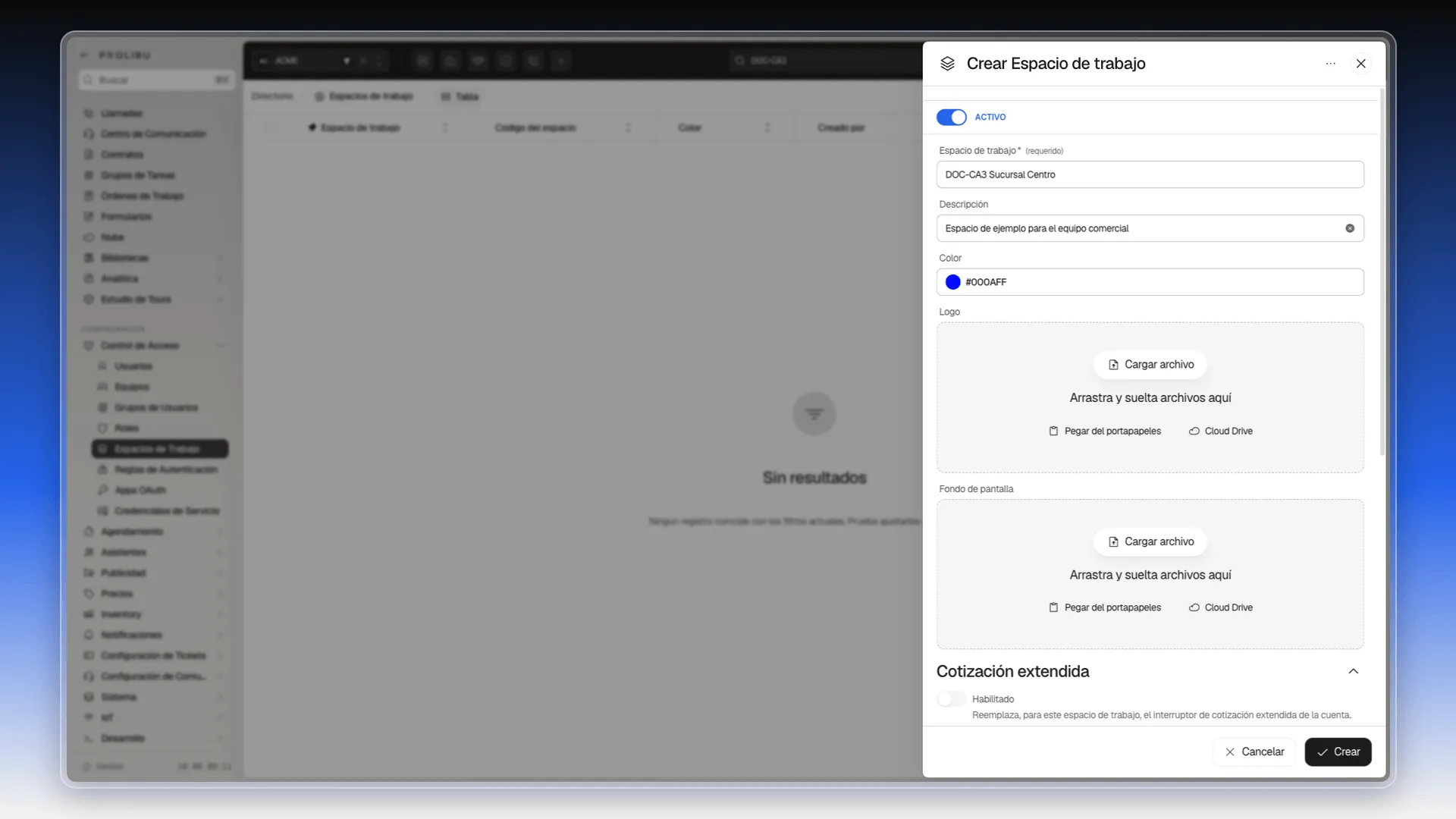 Panel Crear Espacio de trabajo con el interruptor Activo encendido, el nombre DOC-CA3 Sucursal Centro, la descripción, el color y las zonas para el logo y el fondo de pantalla