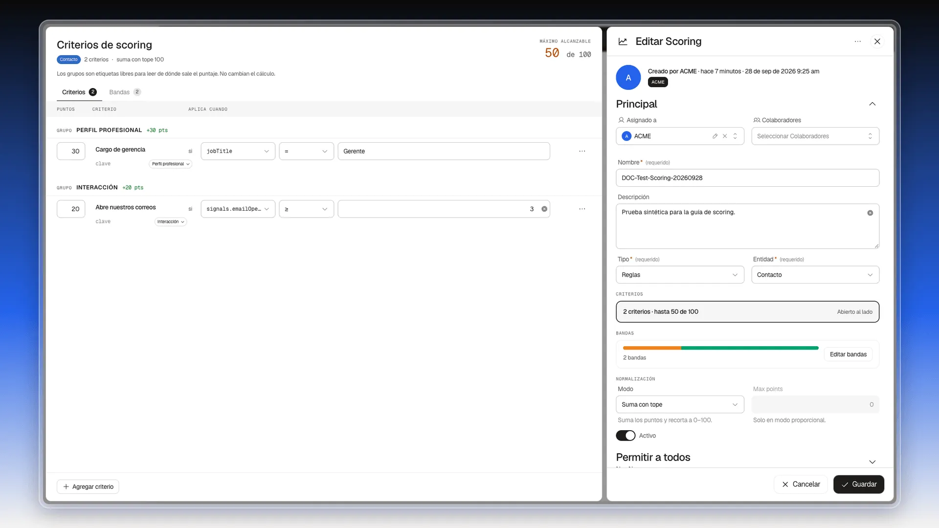 Editar Scoring con dos criterios: Cargo de gerencia, 30 puntos en el grupo Perfil profesional, y Abre nuestros correos, 20 puntos en el grupo Interacción; máximo alcanzable 50 de 100