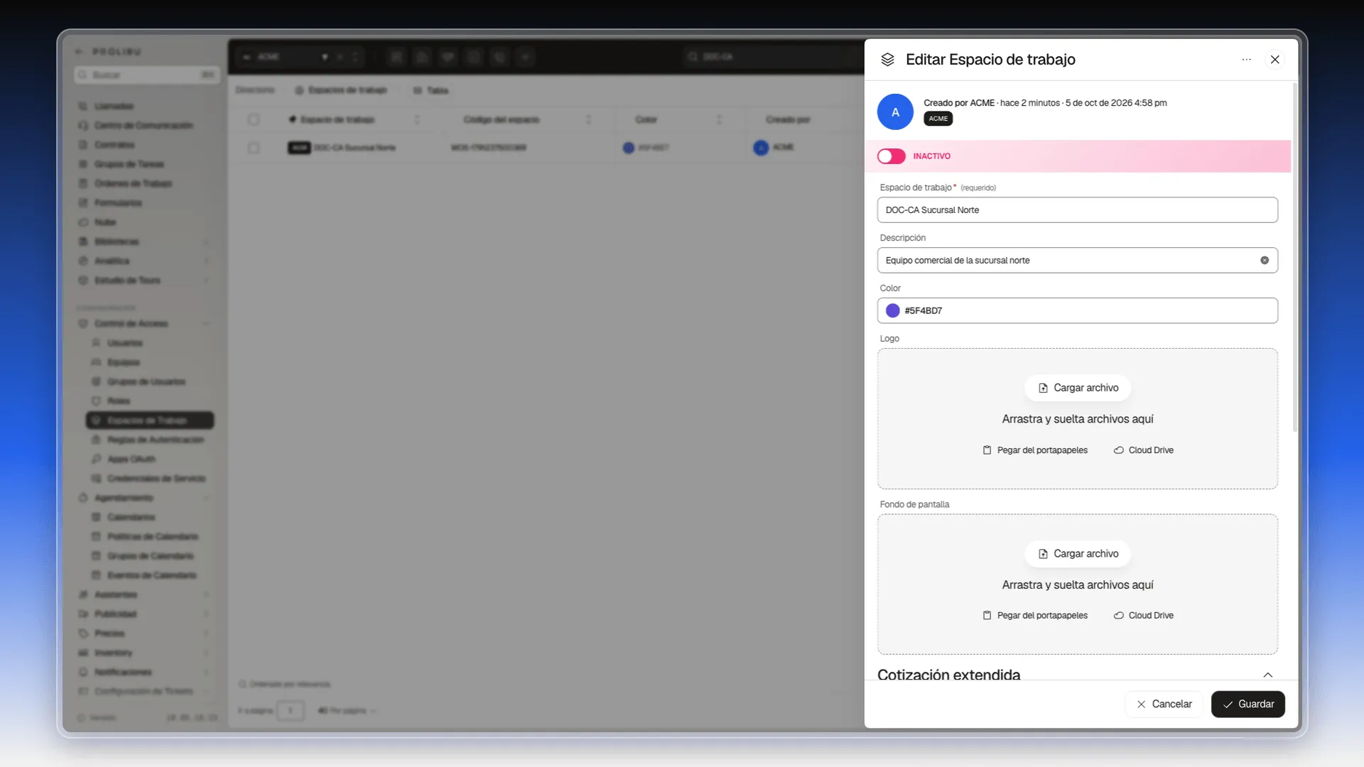 Panel Editar Espacio de trabajo con el interruptor en INACTIVO sobre una franja rosa y el botón Guardar habilitado