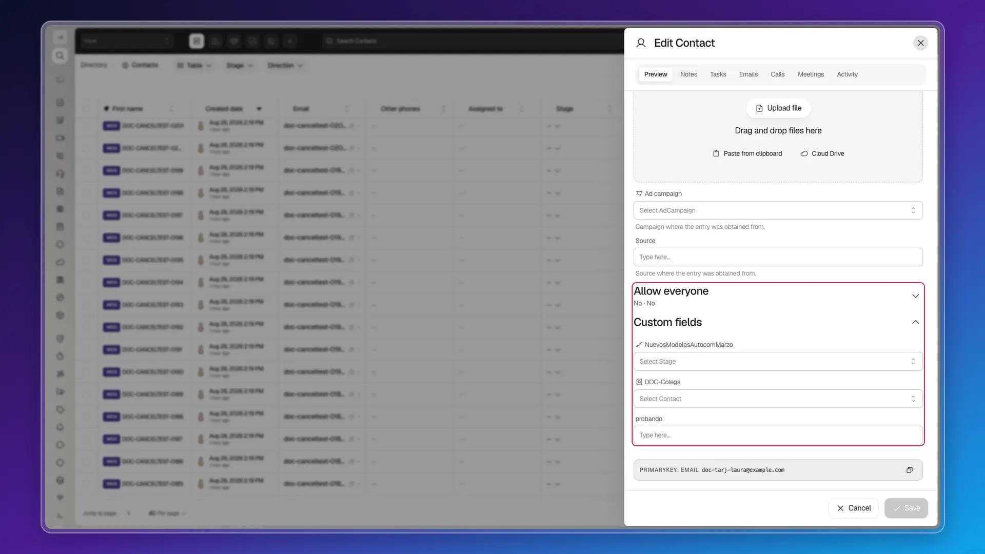 Lower part of the contact form with permissions and custom fields