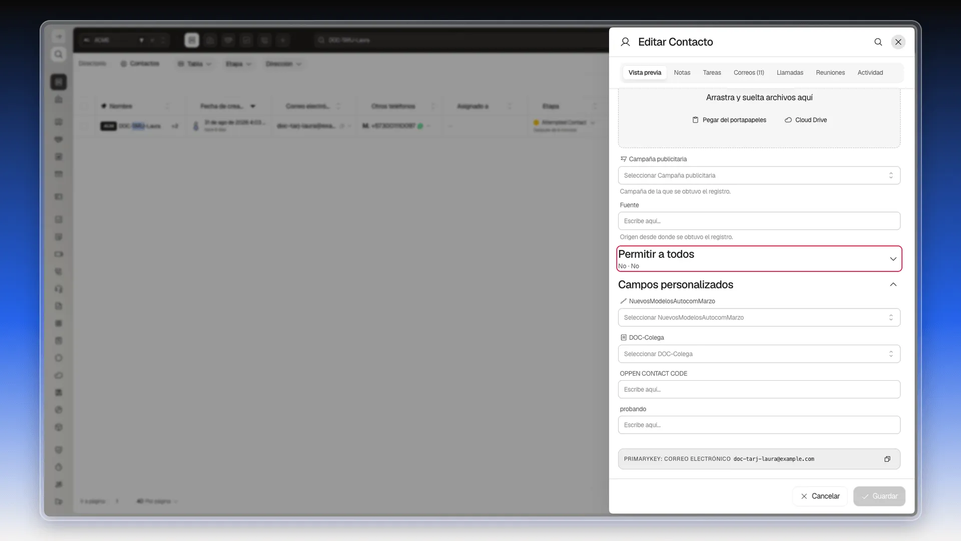 Control Permitir a todos resaltado sobre los campos personalizados del contacto en ACME