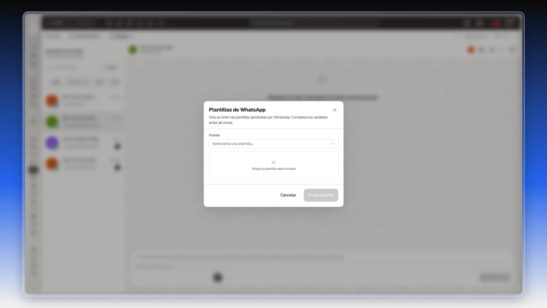 Diálogo Plantillas de WhatsApp con el selector Plantilla vacío