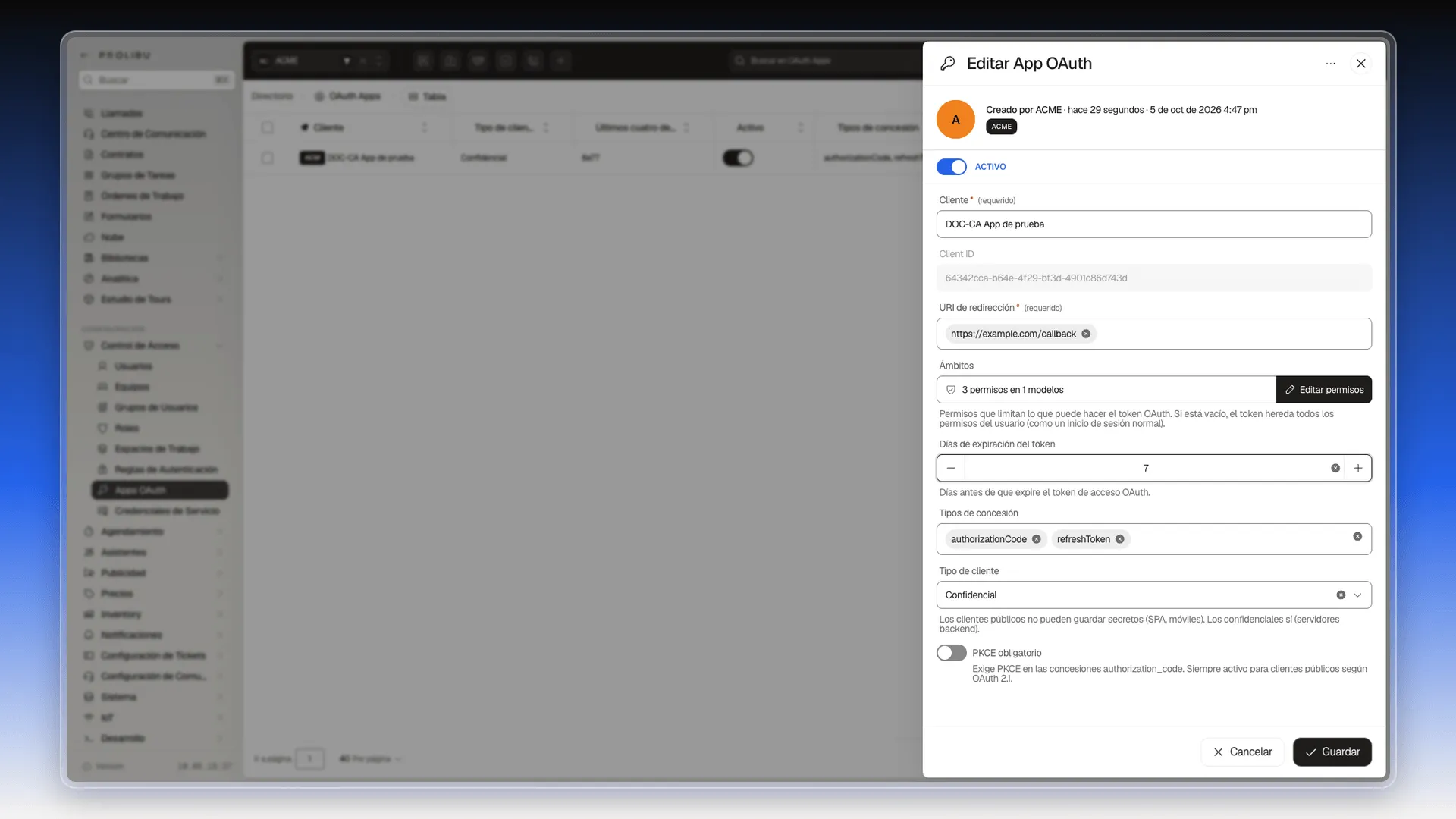 Panel Editar App OAuth con el Client ID generado y Días de expiración del token cambiado a 7