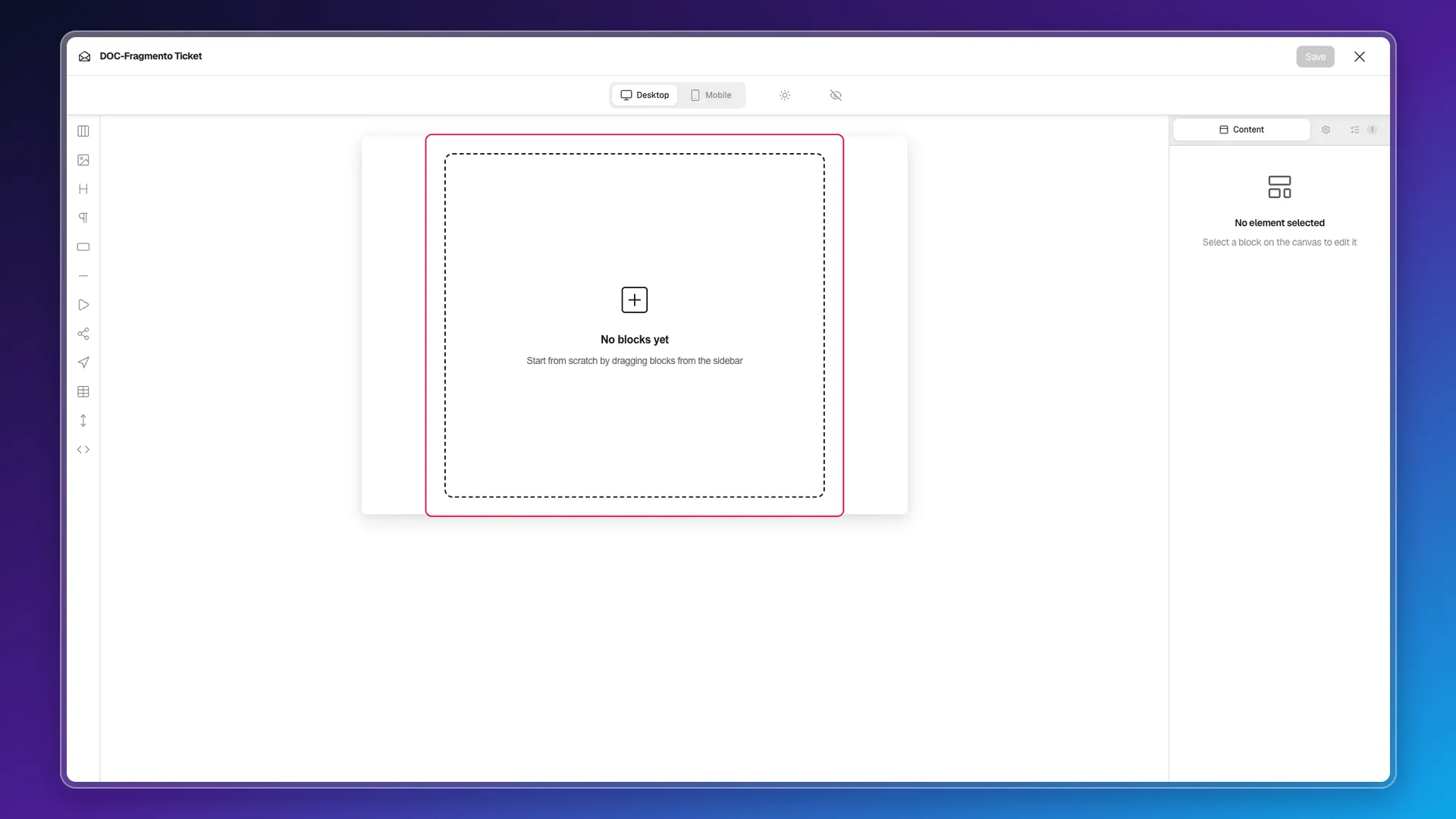 Block-based design editor that opens for a template with Model Ticket