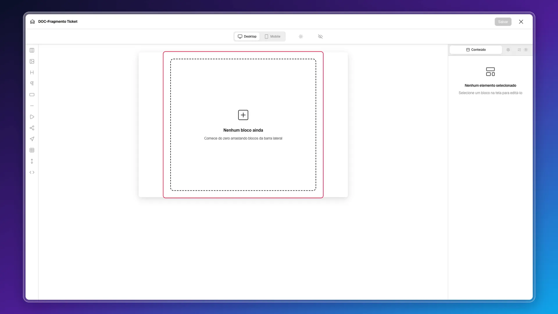 Editor de design por blocos que se abre para um modelo com Modelo Ticket