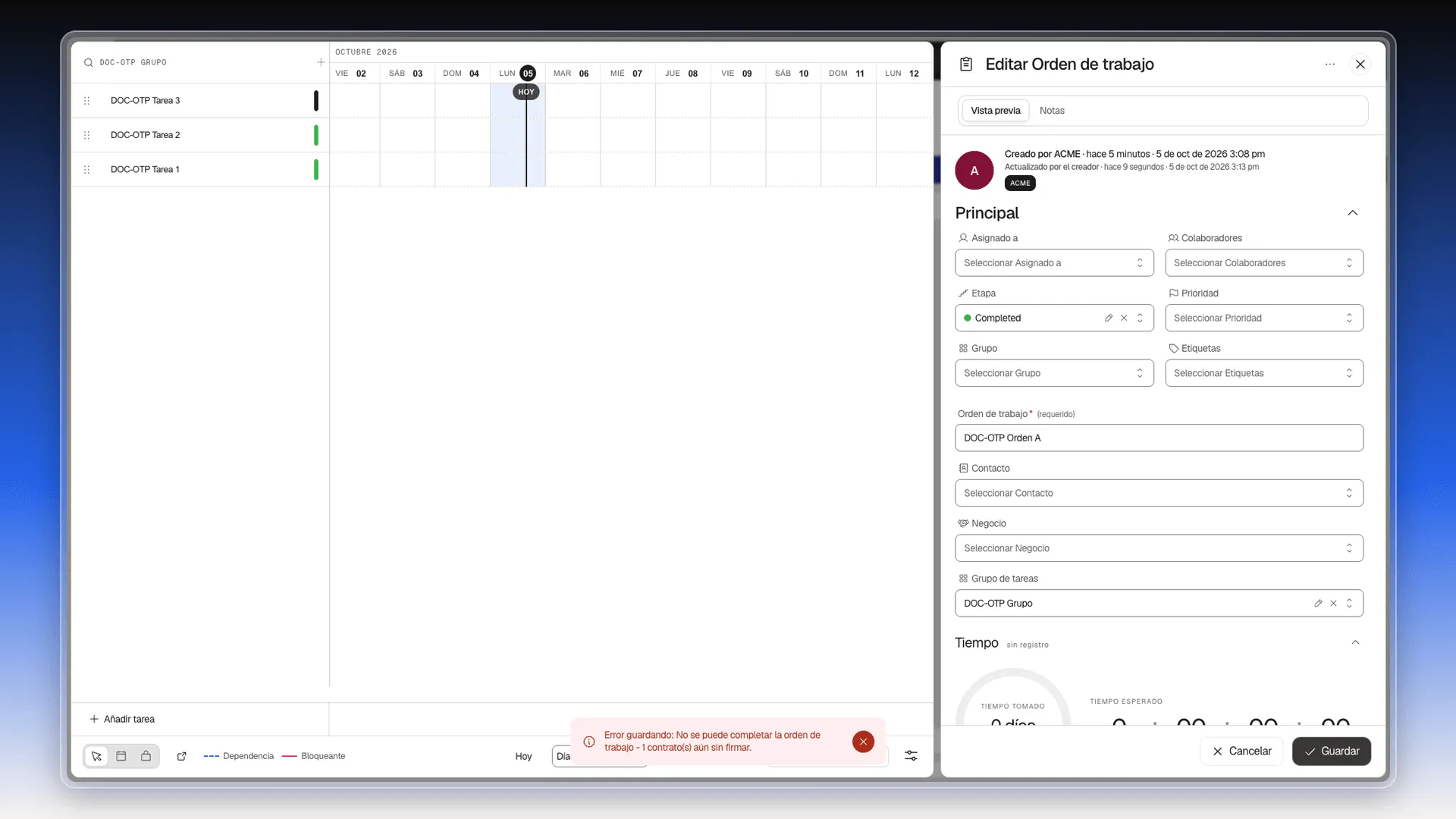 Panel Editar Orden de trabajo con Completed elegida en Etapa y el aviso rojo No se puede completar la orden de trabajo - 1 contrato(s) aún sin firmar