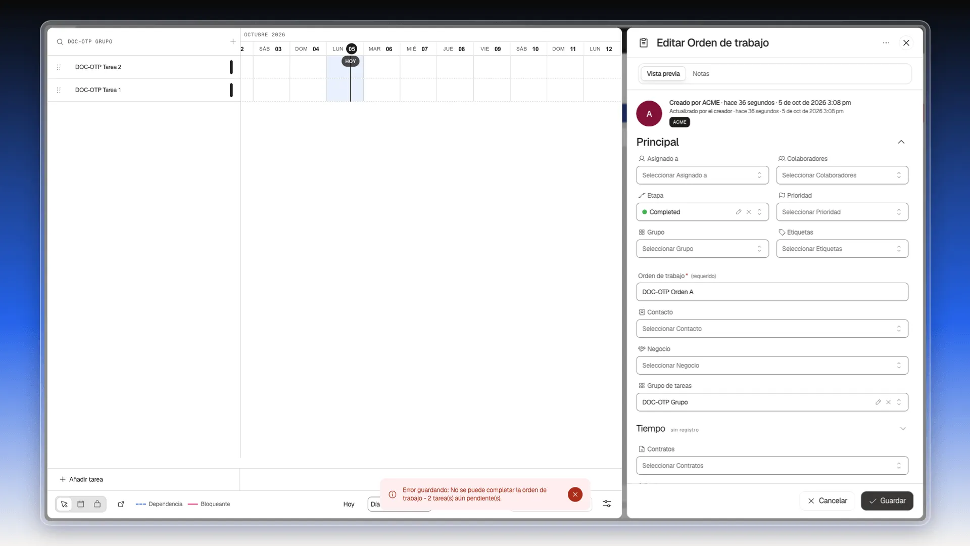 Panel Editar Orden de trabajo con Completed elegida en Etapa y el aviso rojo No se puede completar la orden de trabajo - 2 tarea(s) aún pendiente(s)