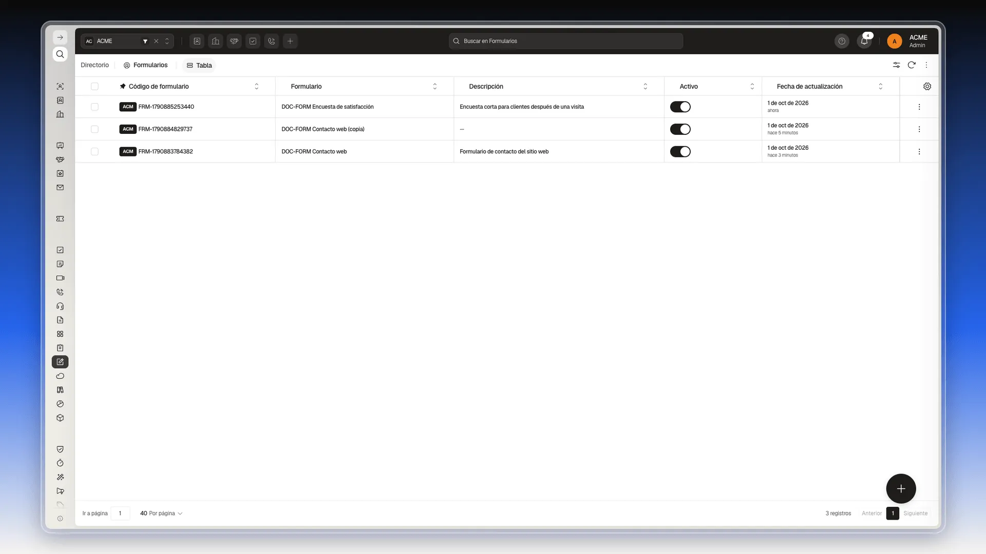 Tabla de formularios con la encuesta recién creada en la primera fila