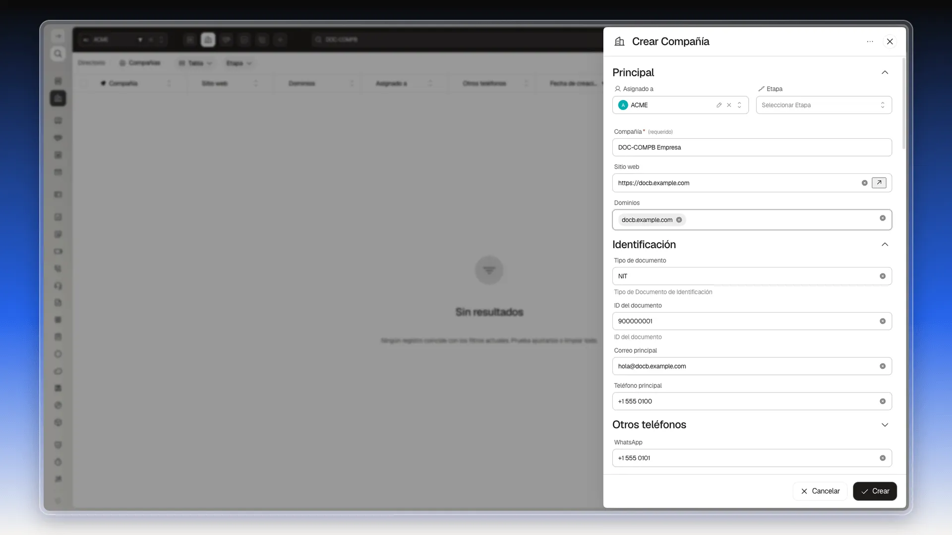 Panel Crear Compañía con el nombre, el sitio web, un dominio, los datos de identificación, los teléfonos y el WhatsApp rellenados