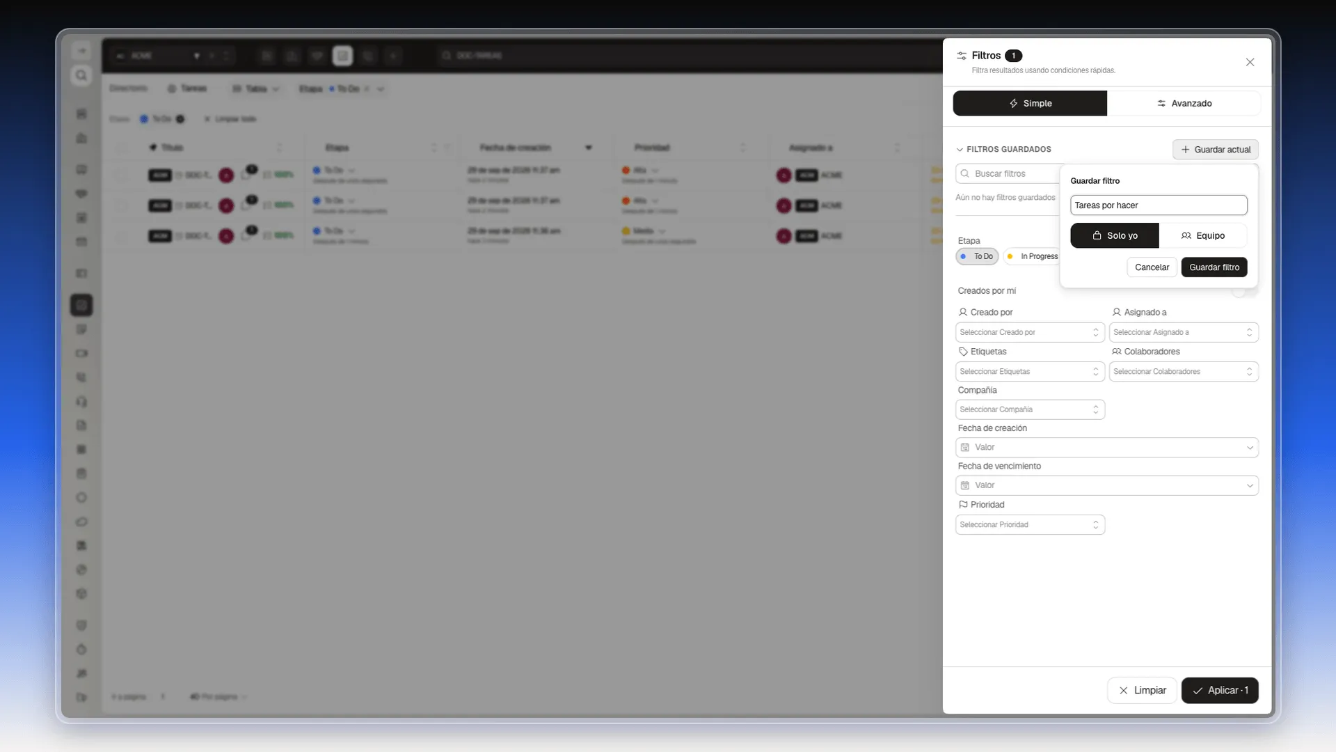 Ventana Guardar filtro con el nombre escrito y las opciones Solo yo y Equipo