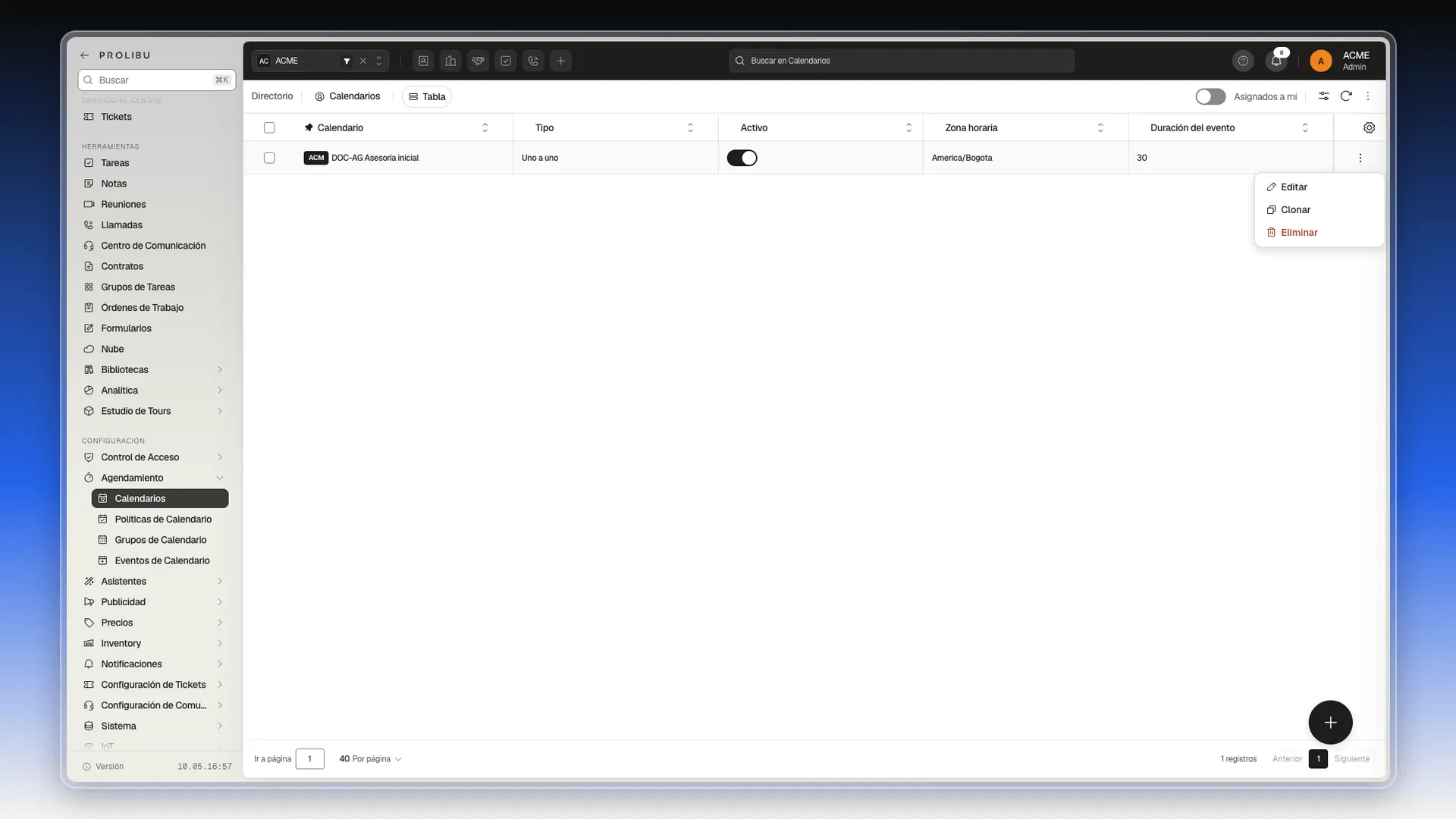 Menú de la fila de un calendario con Editar, Clonar y Eliminar
