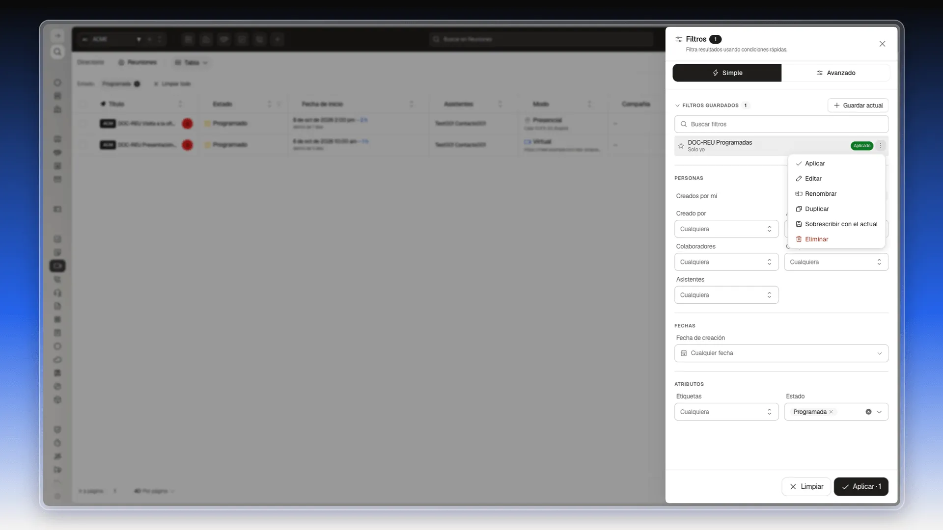 Menú del filtro guardado con las opciones Aplicar, Editar, Renombrar, Duplicar, Sobrescribir con el actual y Eliminar