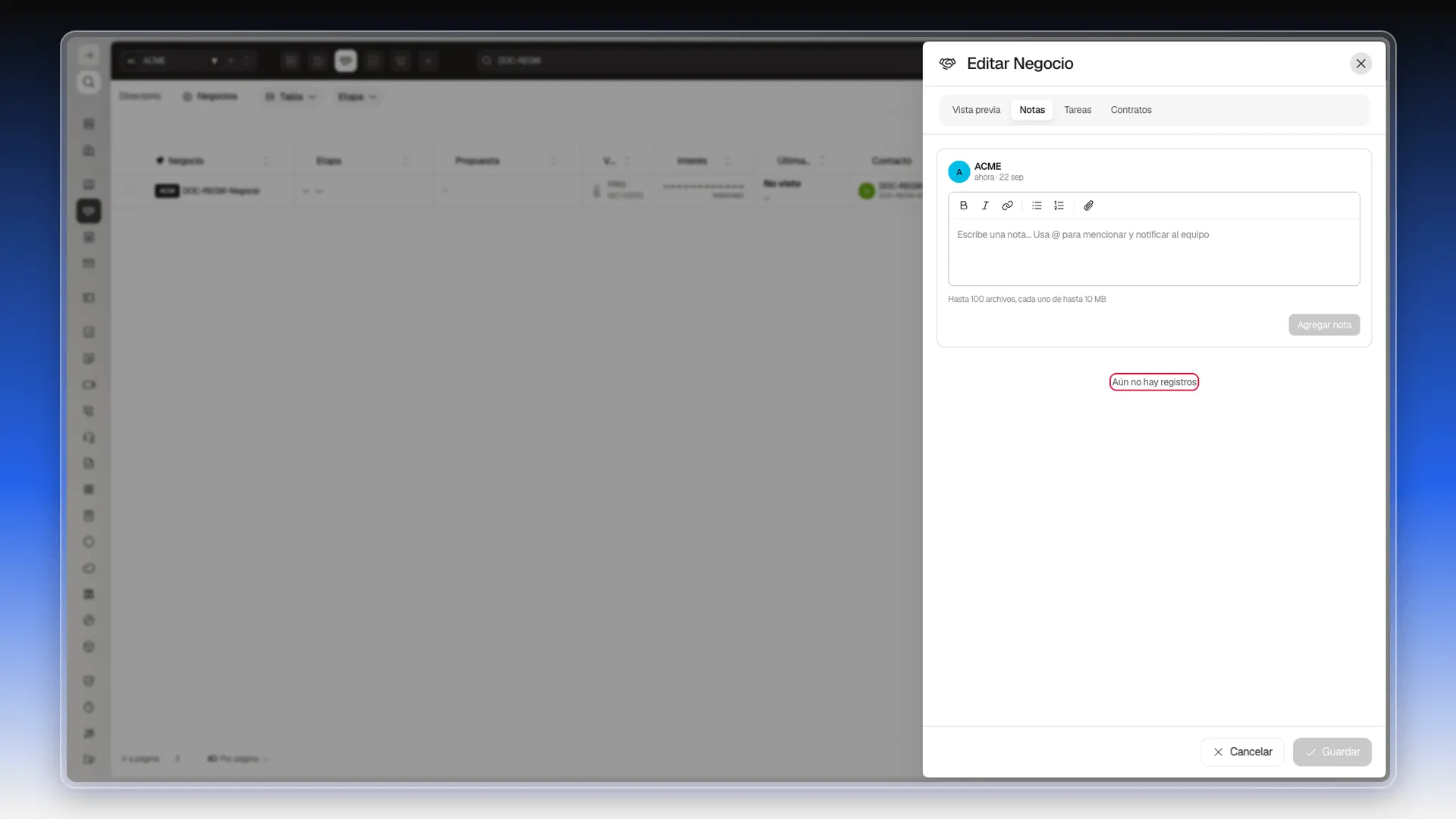 Pestaña Notas de un negocio recién creado, con el mensaje Aún no hay registros resaltado y las pestañas Vista previa, Notas, Tareas y Contratos arriba