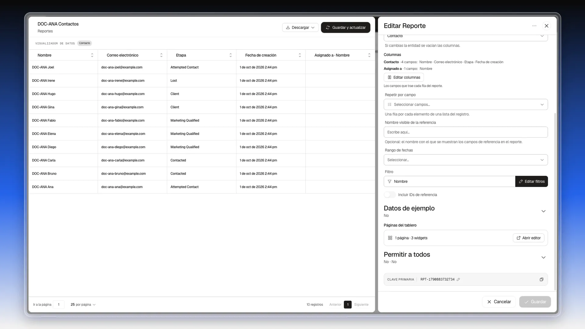 Parte final del panel Editar Reporte con Incluir IDs de referencia, Datos de ejemplo, Páginas del tablero con 1 página y 3 widgets, Permitir a todos y Clave primaria