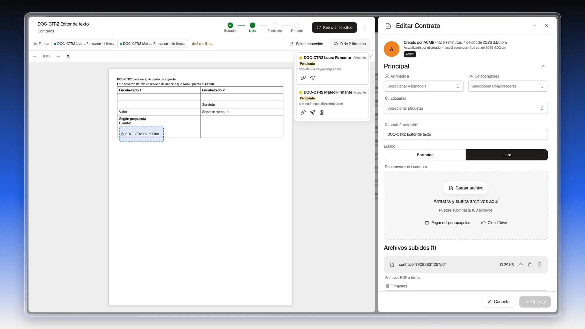 Panel de firmantes con el botón Enviar por WhatsApp en la tarjeta del firmante que tiene móvil