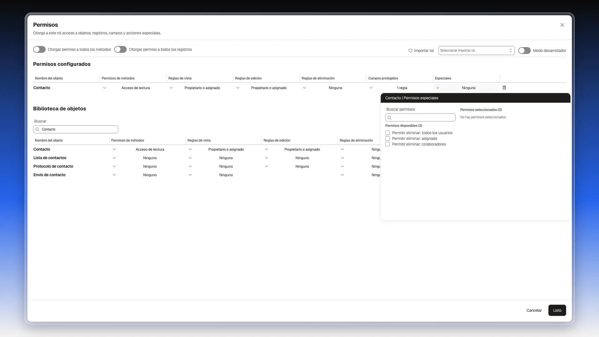 Panel Contacto | Permisos especiales con Permitir eliminar: todos los usuarios, asignado y colaboradores