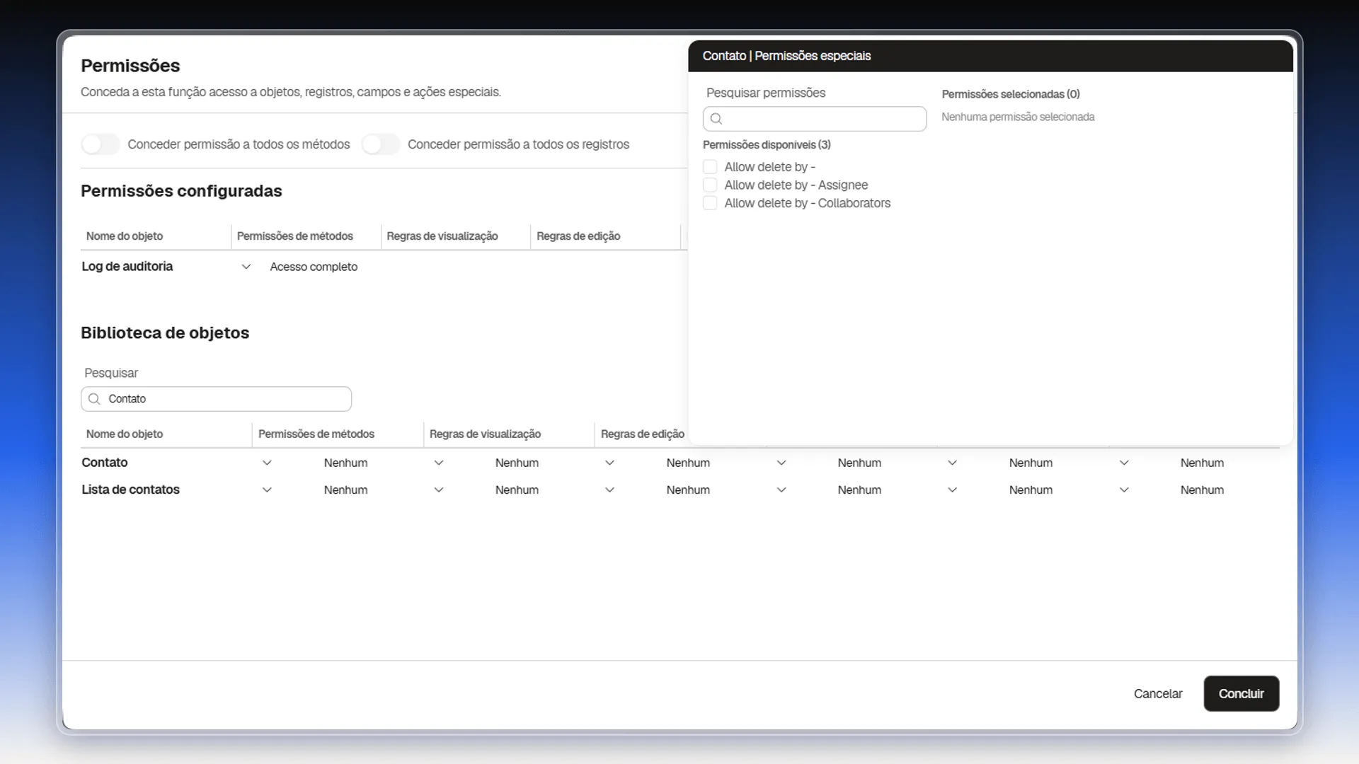 Painel Contato | Permissões especiais com as três permissões disponíveis