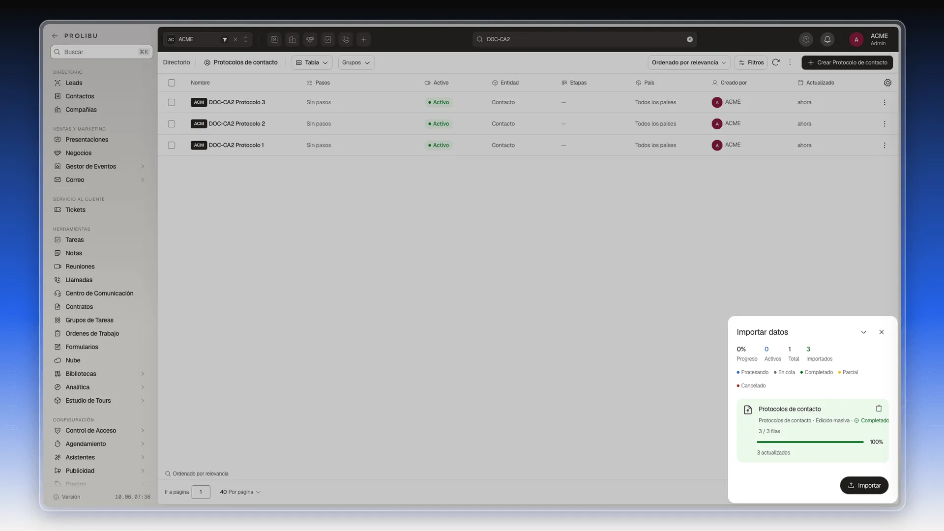 Panel Importar datos con la edición masiva de Protocolos de contacto completada, 3 de 3 filas y 3 actualizados