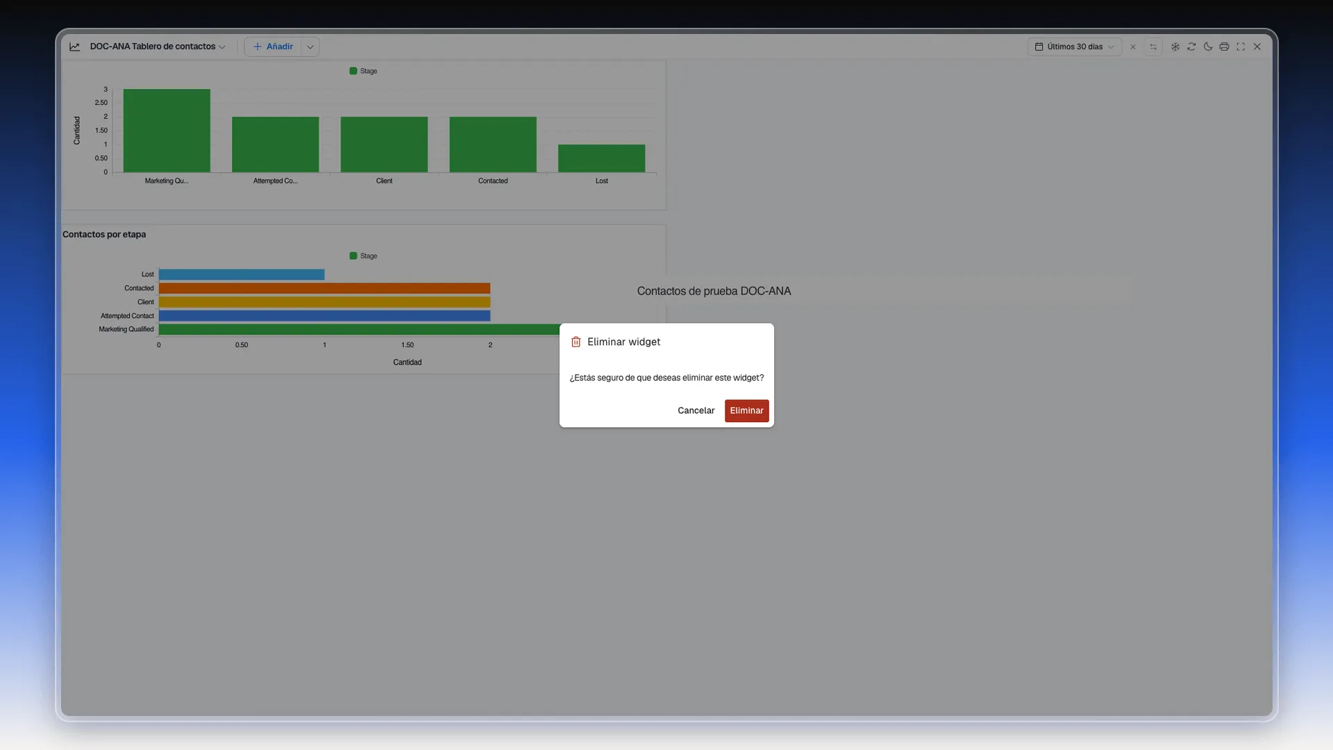Diálogo Eliminar widget sobre el tablero con los botones Cancelar y Eliminar