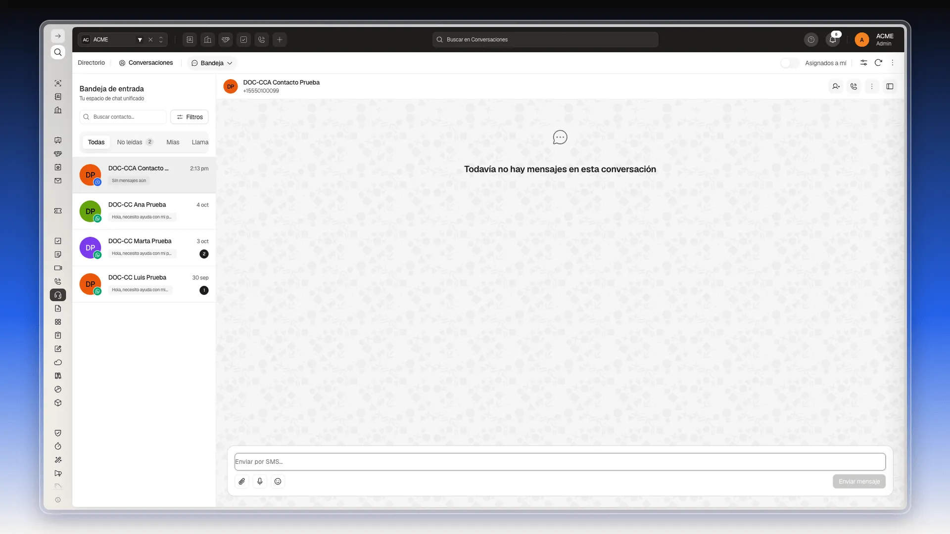 Redactor de una conversación por SMS, con el cuadro Enviar por SMS y los botones de adjuntar, nota de voz y emoji