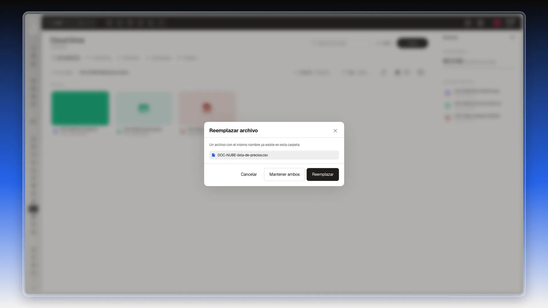 Cuadro Reemplazar archivo con el nombre DOC-NUBE-lista-de-precios.csv y los botones Cancelar, Mantener ambos y Reemplazar
