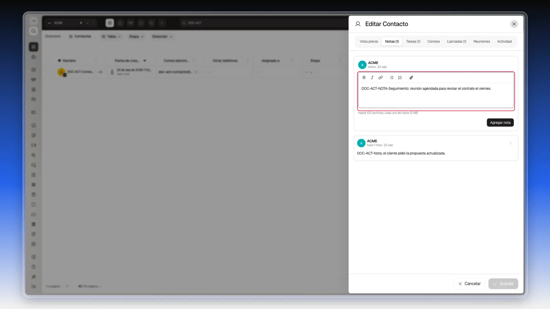 Cuadro de texto de la pestaña Notas resaltado, con una nota escrita antes de pulsar Agregar nota