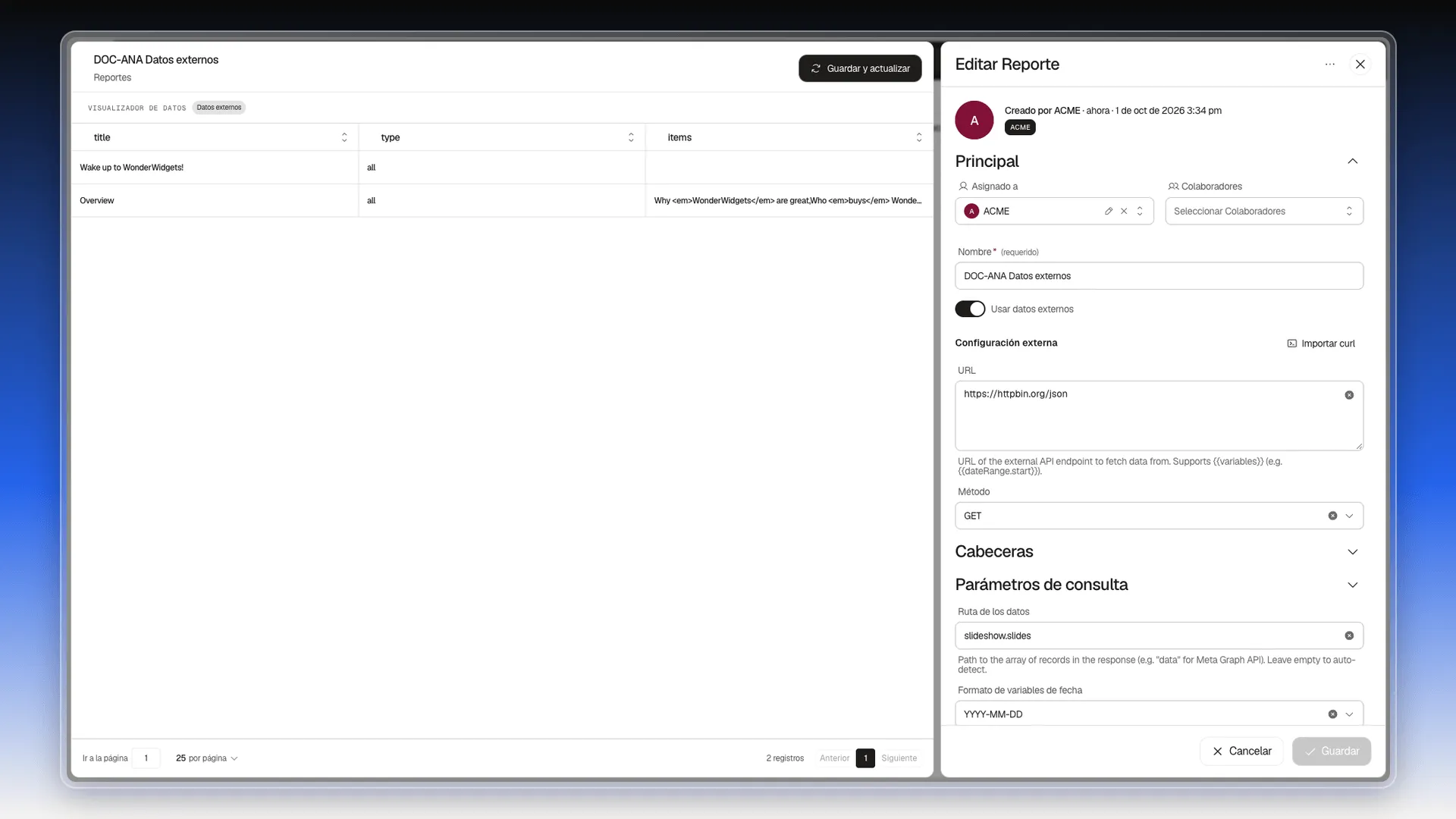 Ficha del reporte DOC-ANA Datos externos con el visualizador mostrando dos filas con las columnas title, type e items