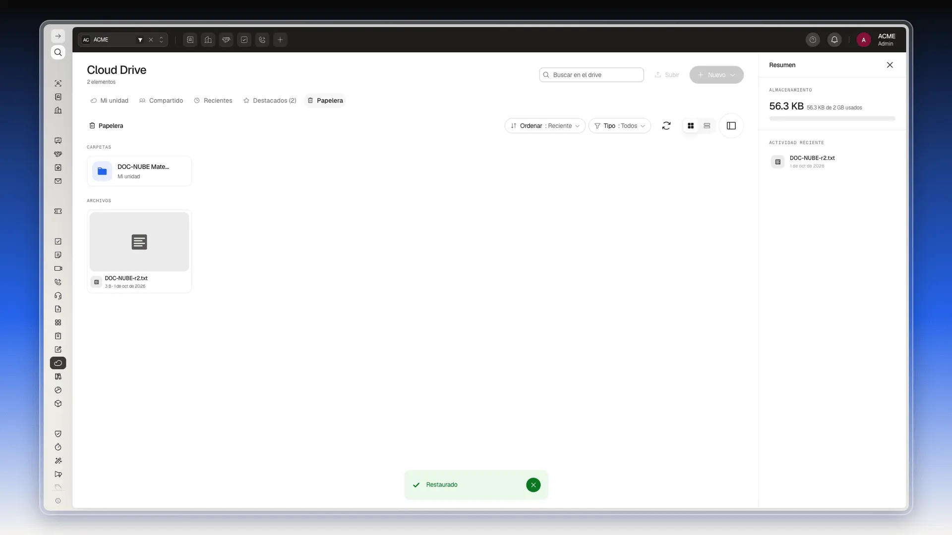 Papelera sin el archivo restaurado y el aviso Restaurado abajo