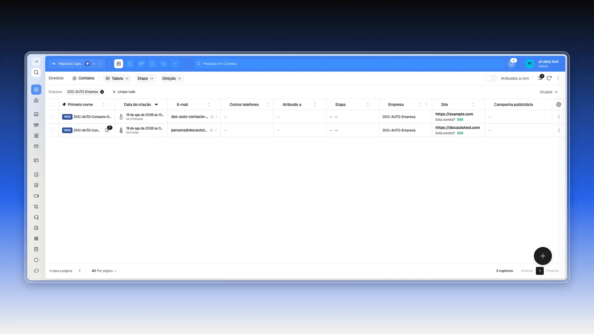 Lista de Contatos filtrada após clicar em "View company contacts", com o chip Empresa e o contador de 2 registros destacados