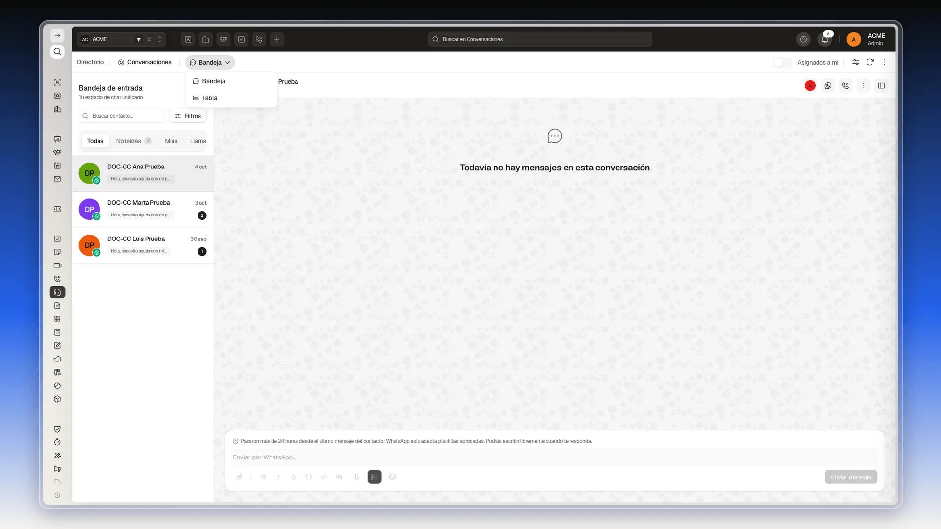 Selector de vista desplegado con las opciones Bandeja y Tabla