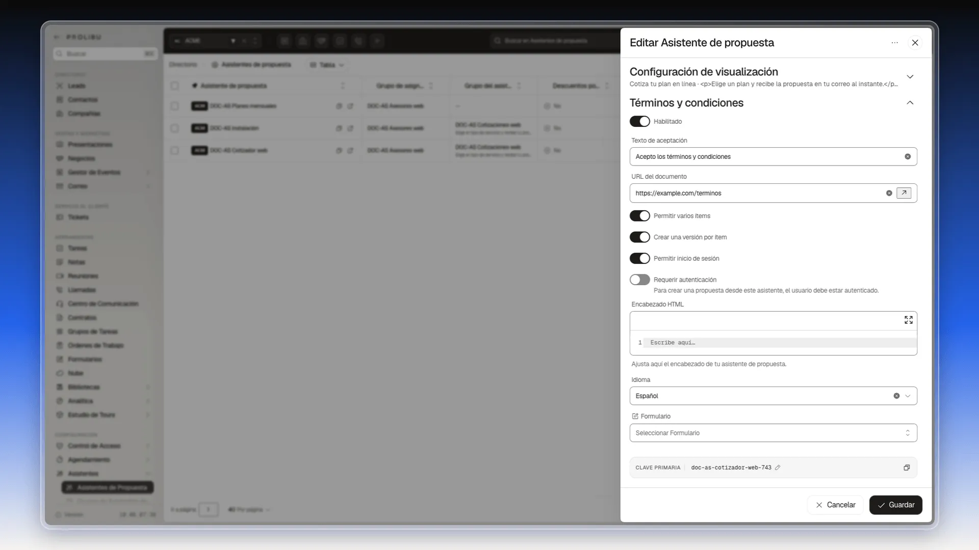 Sección Términos y condiciones con el texto de aceptación y la URL del documento, los interruptores Permitir varios ítems, Crear una versión por ítem y Permitir inicio de sesión, y debajo Encabezado HTML, Idioma y la clave primaria