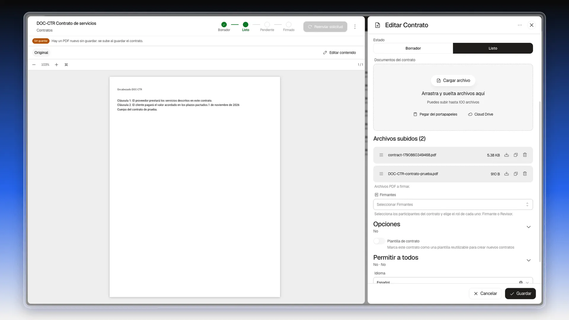 Lista de Archivos subidos con dos PDF, sus botones y el campo Firmantes debajo