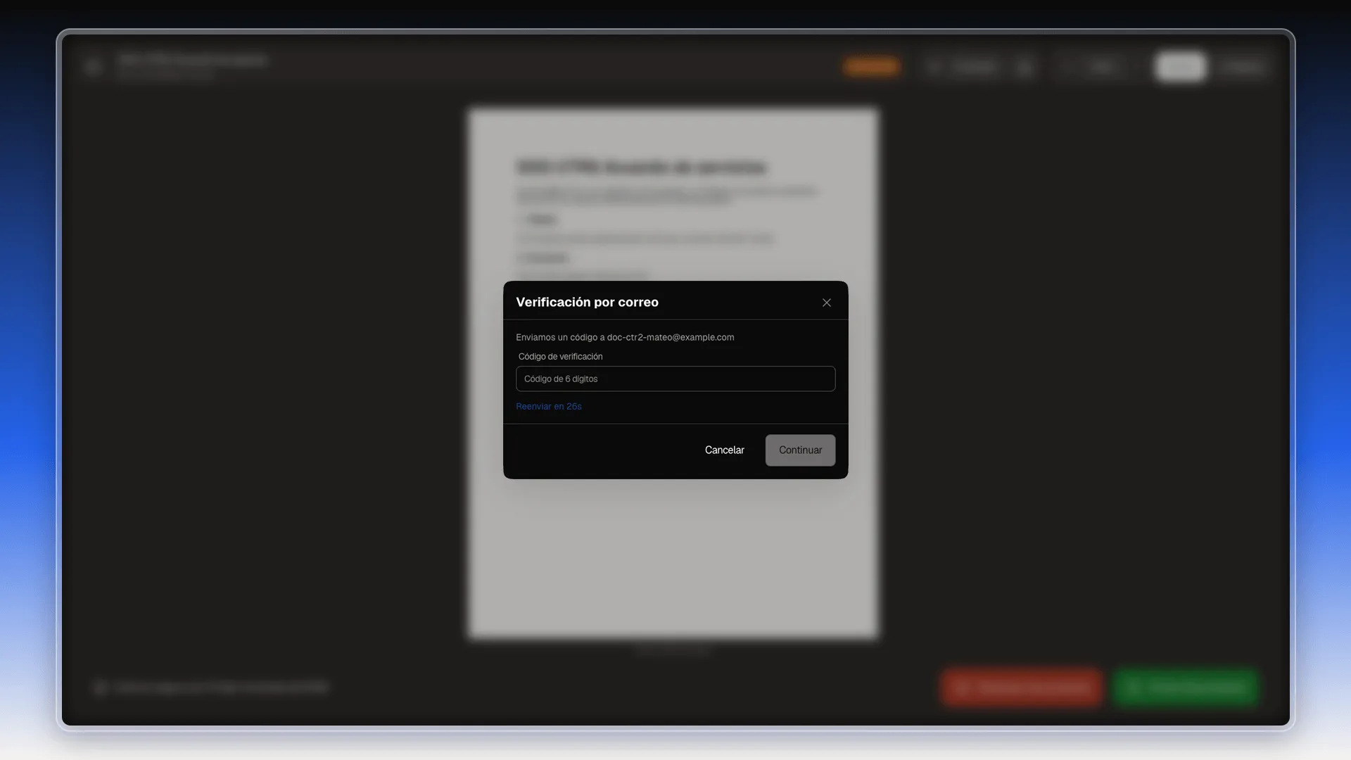 Ventana Verificación por correo con el correo del firmante, la caja Código de verificación y el enlace Reenviar con su cuenta atrás