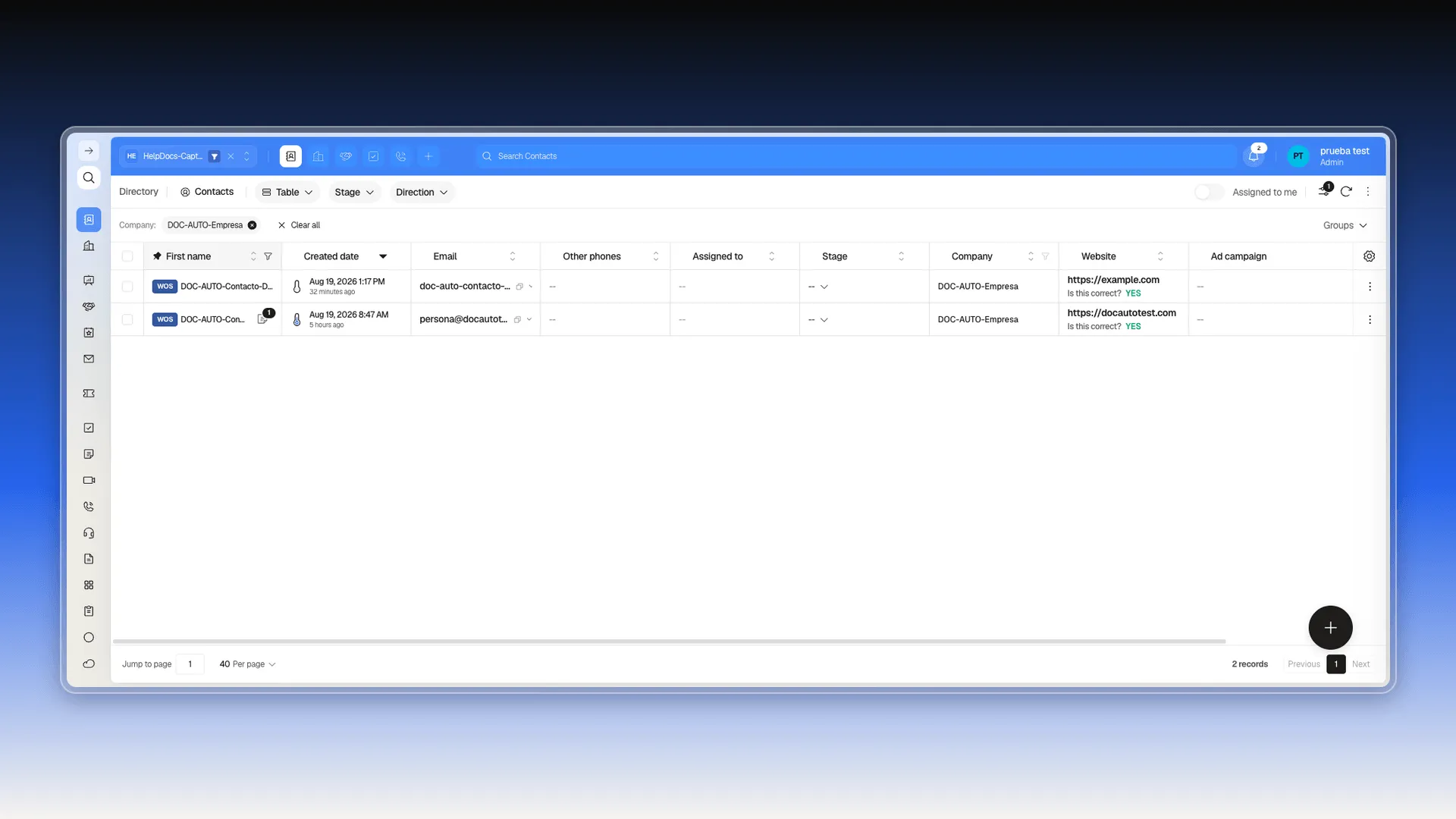 Contacts list filtered after clicking "View company contacts", with the Company chip and the 2-record count highlighted