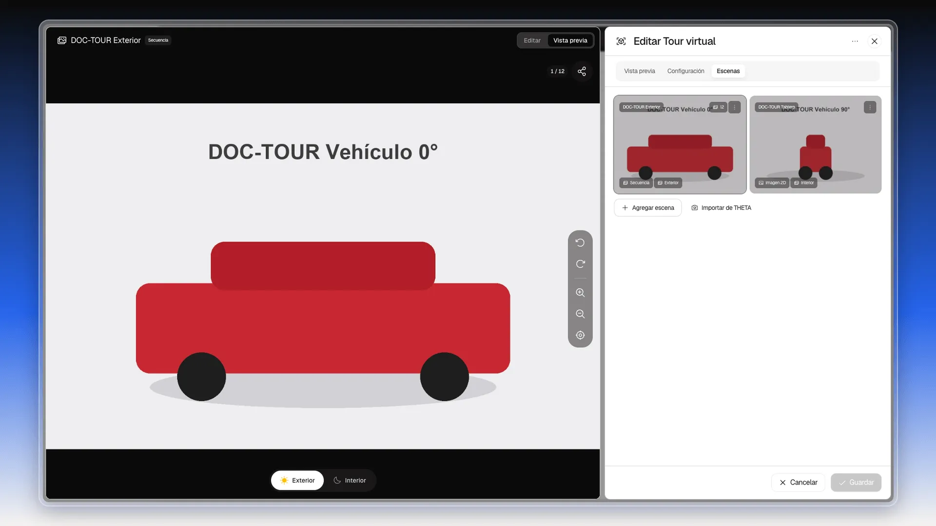 Vista previa de un tour Automotriz con la secuencia del exterior y los botones Exterior e Interior abajo