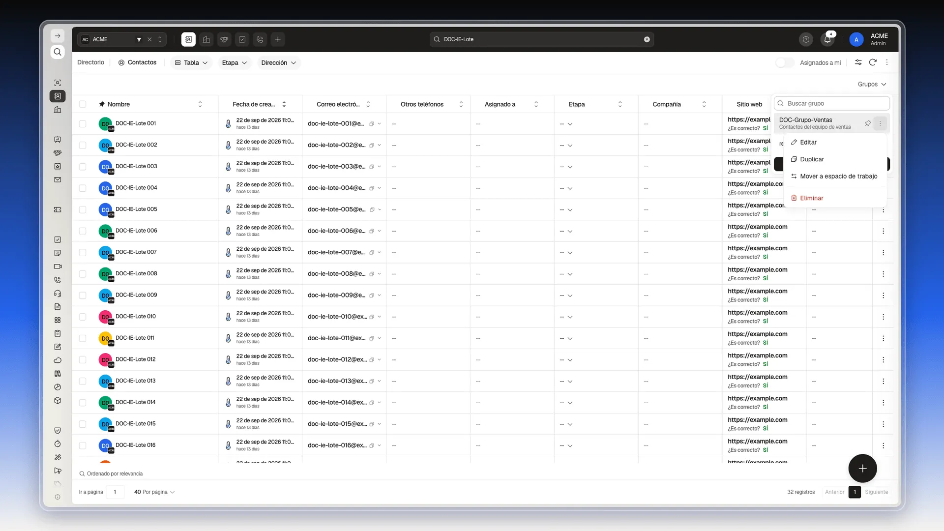 Panel de Grupos con el menú Acciones del grupo abierto: Editar, Duplicar, Mover a espacio de trabajo y Eliminar