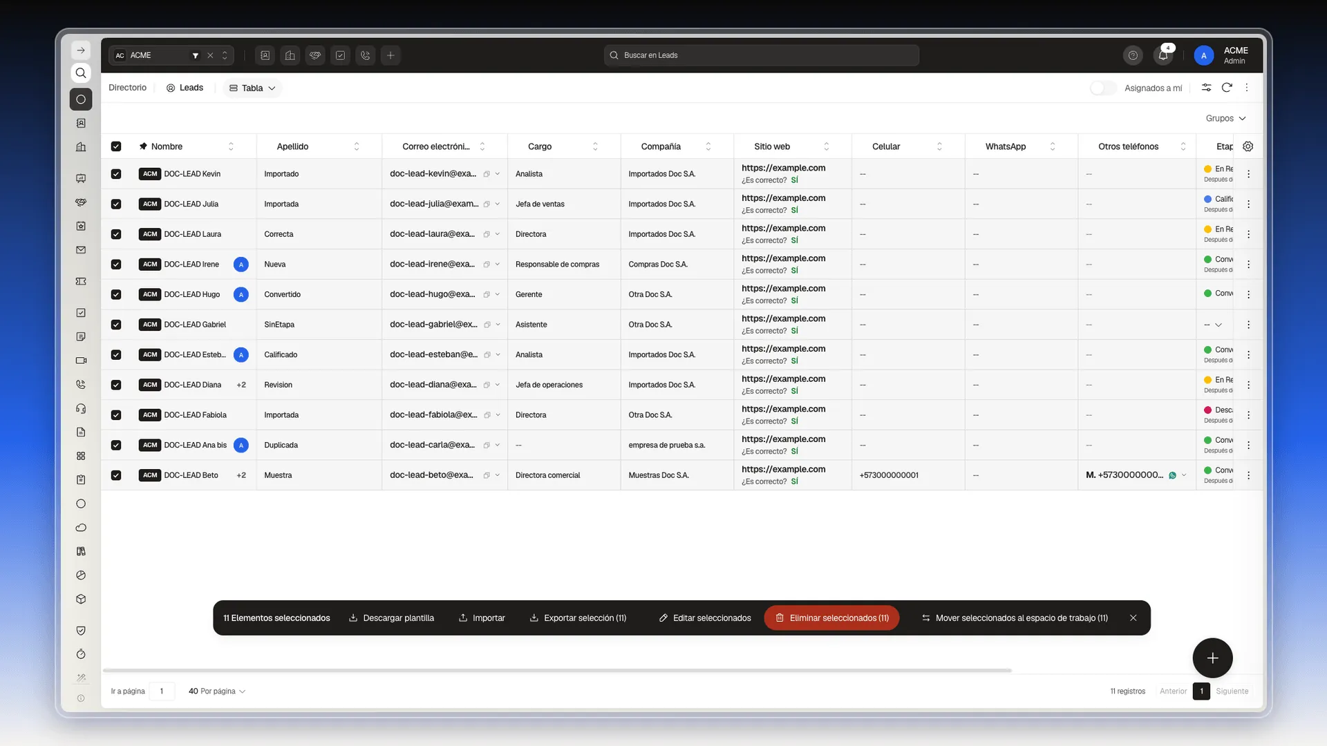 Tabla de Leads con todos los leads marcados y la barra de acciones: Descargar plantilla, Importar, Exportar selección, Editar seleccionados, Eliminar seleccionados y Mover seleccionados al espacio de trabajo
