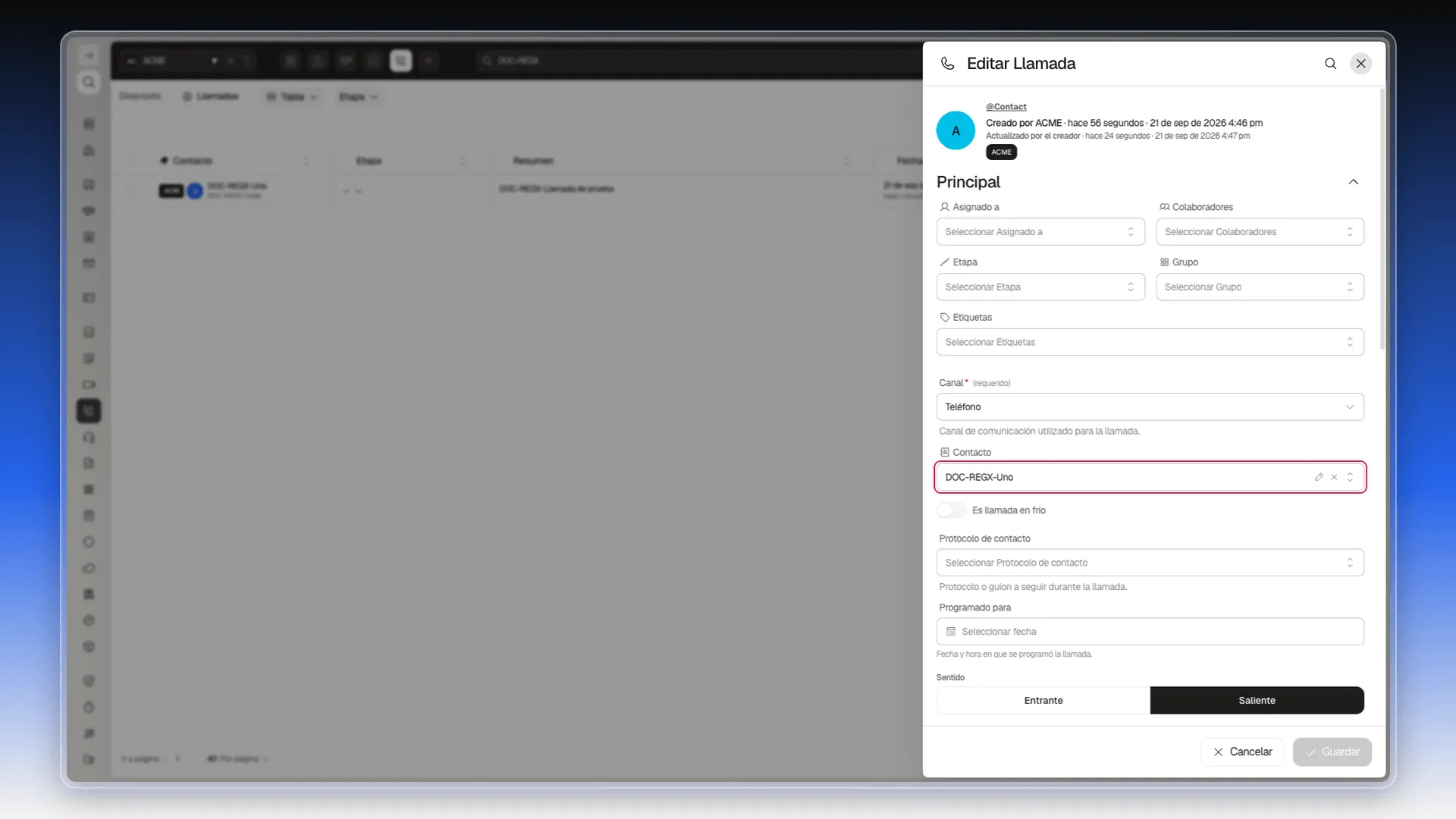 Panel Editar Llamada con el campo Contacto resaltado, completado con el contacto DOC-REGX-Uno
