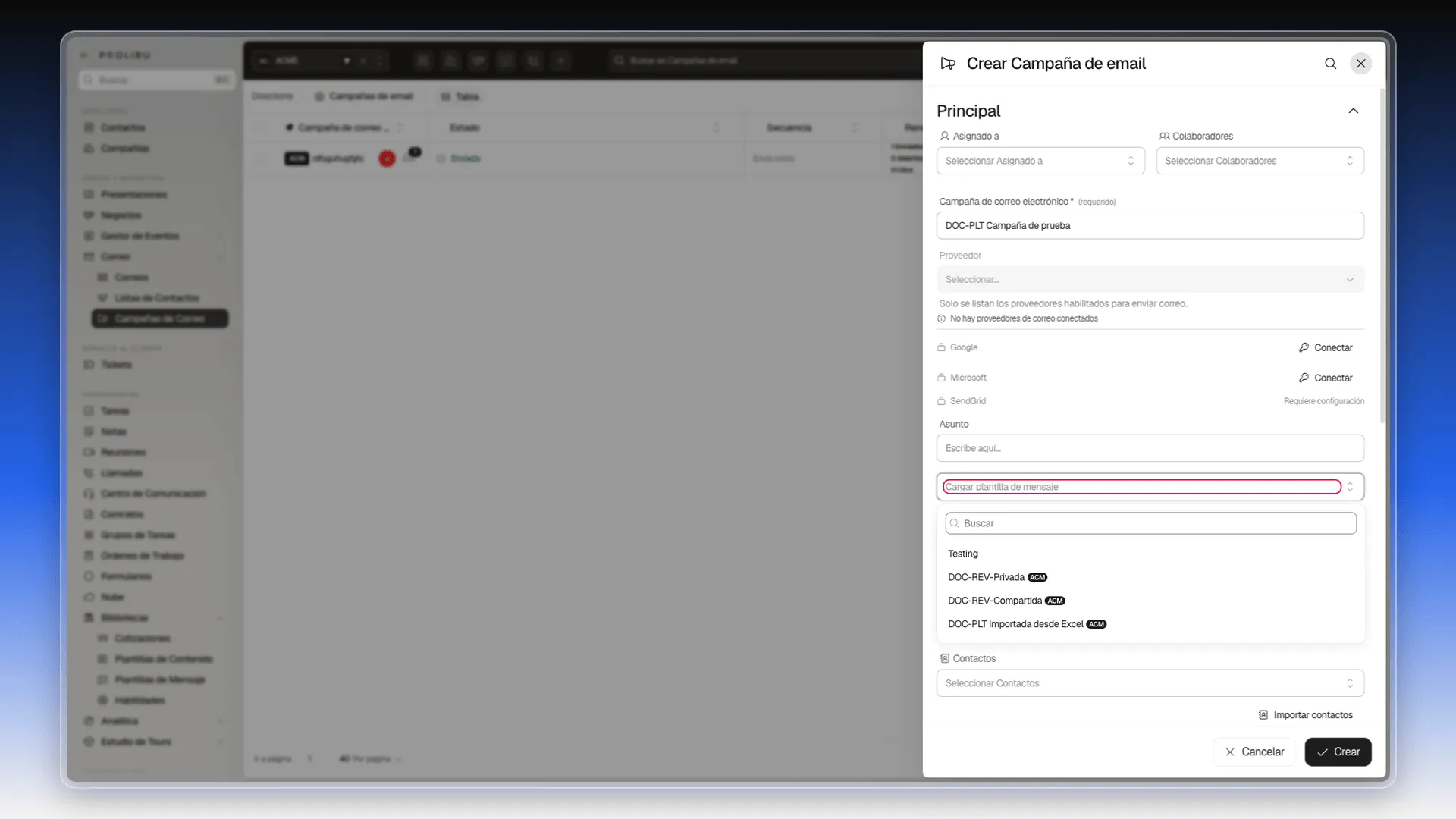 Formulario Crear Campaña de email con el selector Cargar plantilla de mensaje abierto y la lista de plantillas debajo