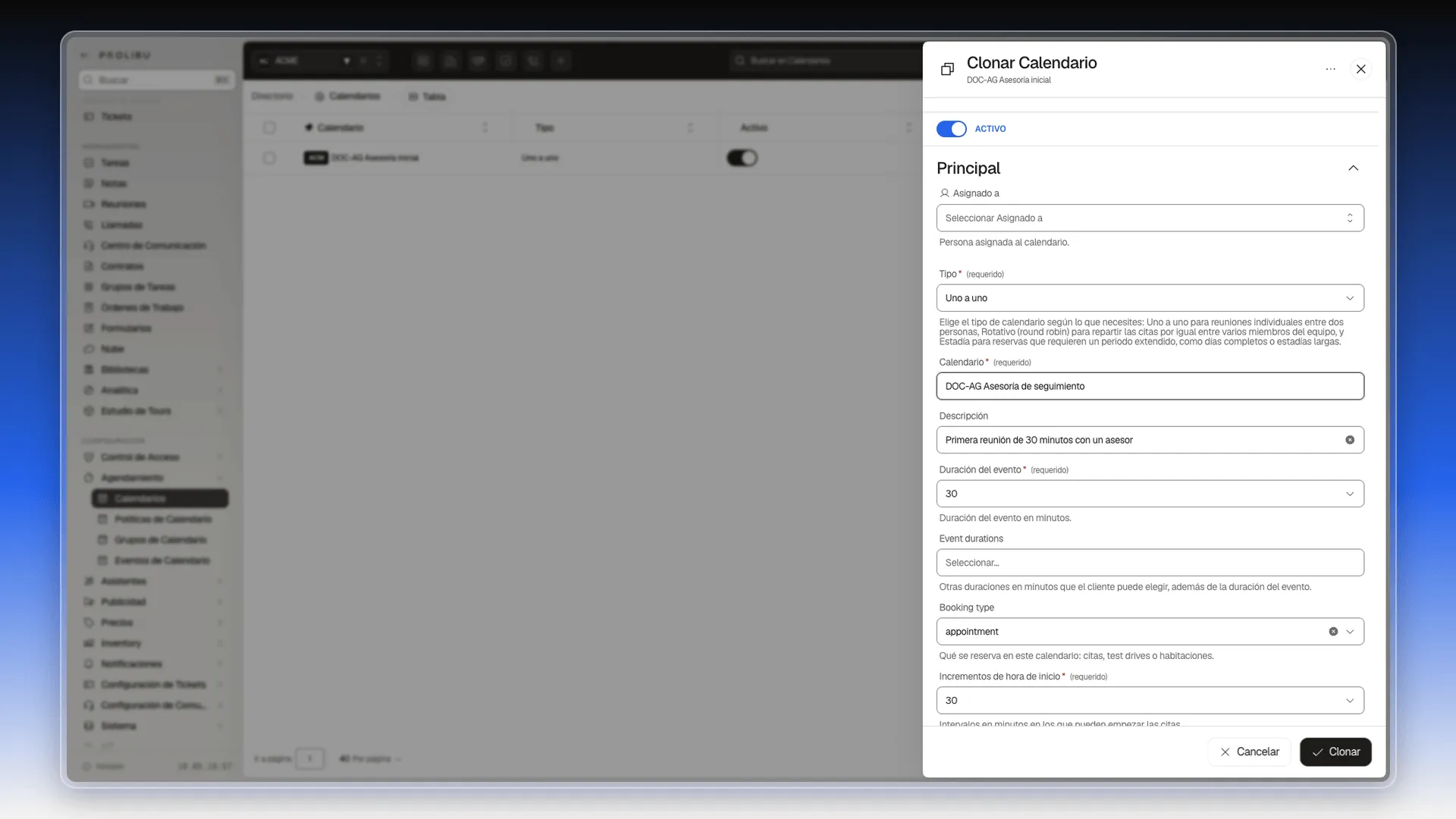 Panel Clonar Calendario con el nombre de la copia ya cambiado