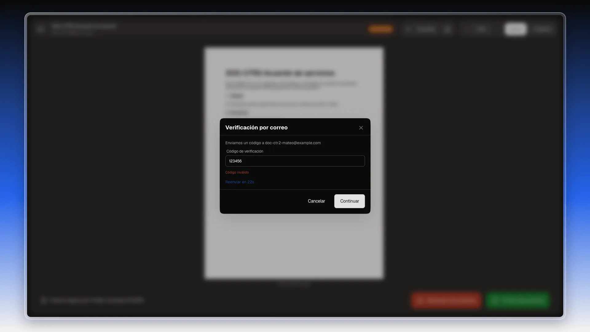 Ventana Verificación por correo con un código escrito y el aviso Código inválido