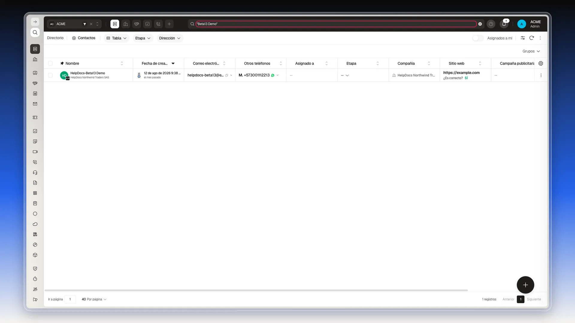 Búsqueda "Beta13 Demo" entre comillas, con el campo resaltado: la tabla queda con un solo contacto, HelpDocs-Beta13 Demo
