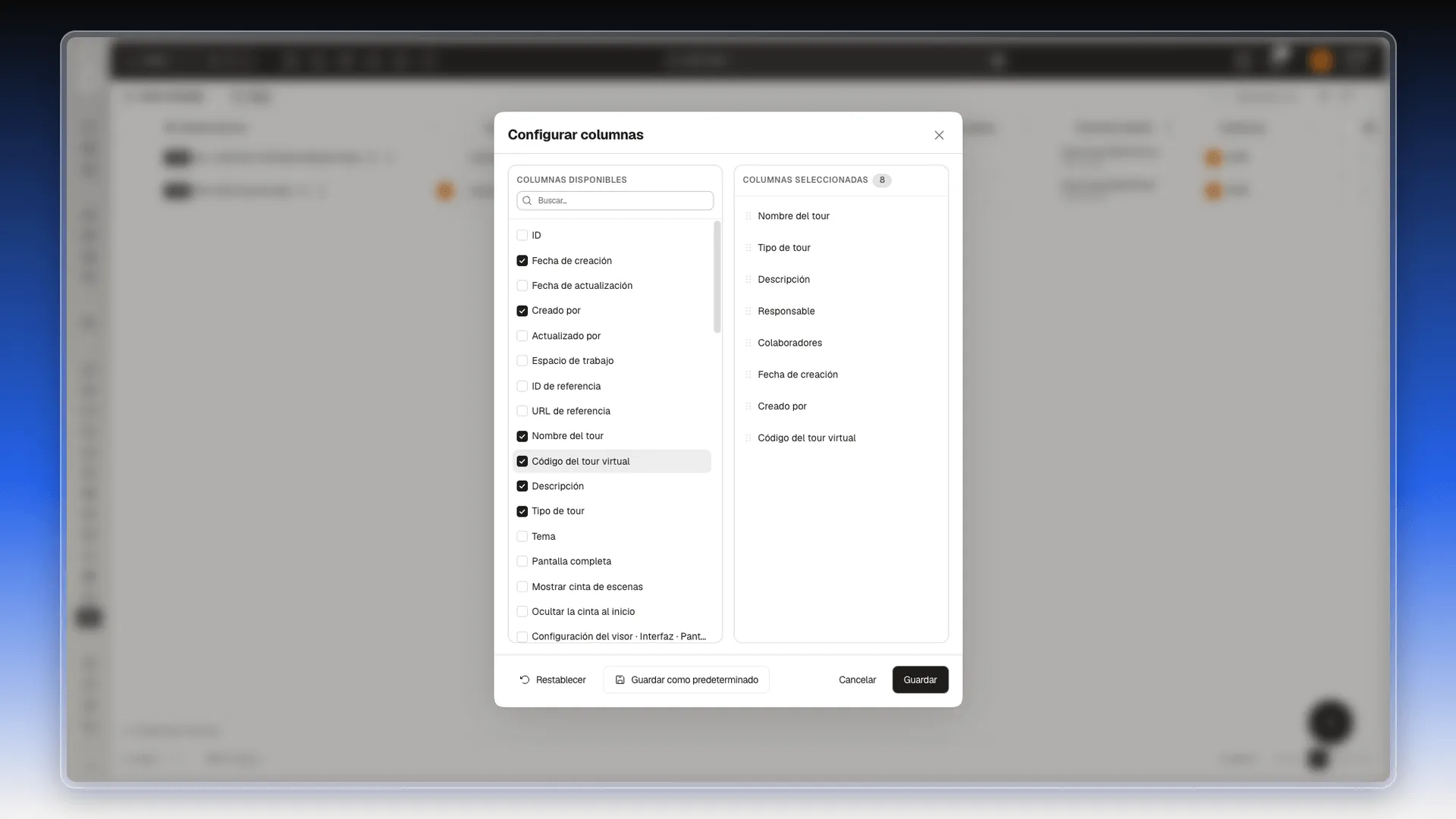 Cuadro Configurar columnas con Código del tour virtual marcado y 8 columnas seleccionadas