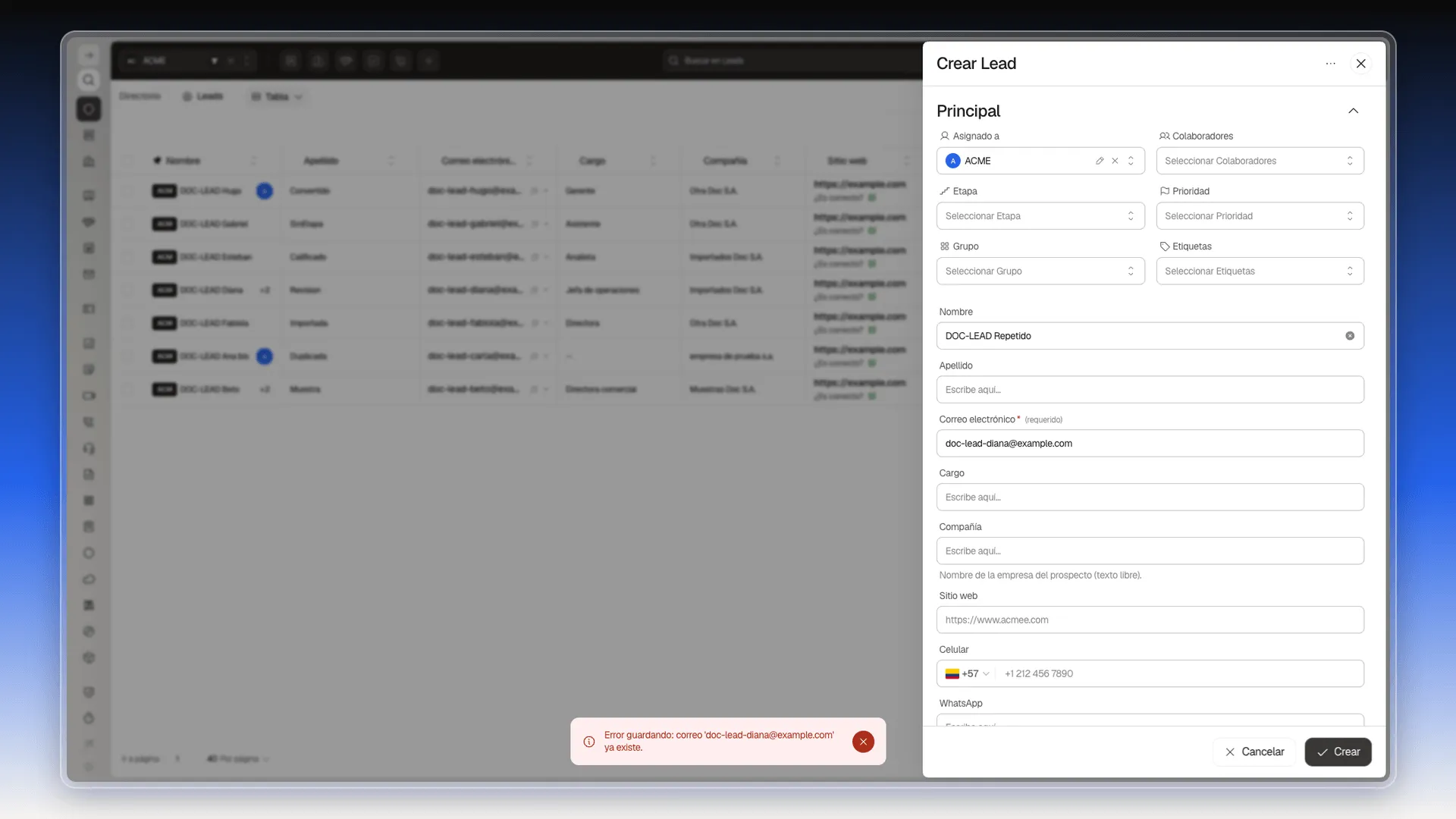 Panel Crear Lead con el aviso rojo Error guardando: correo ya existe