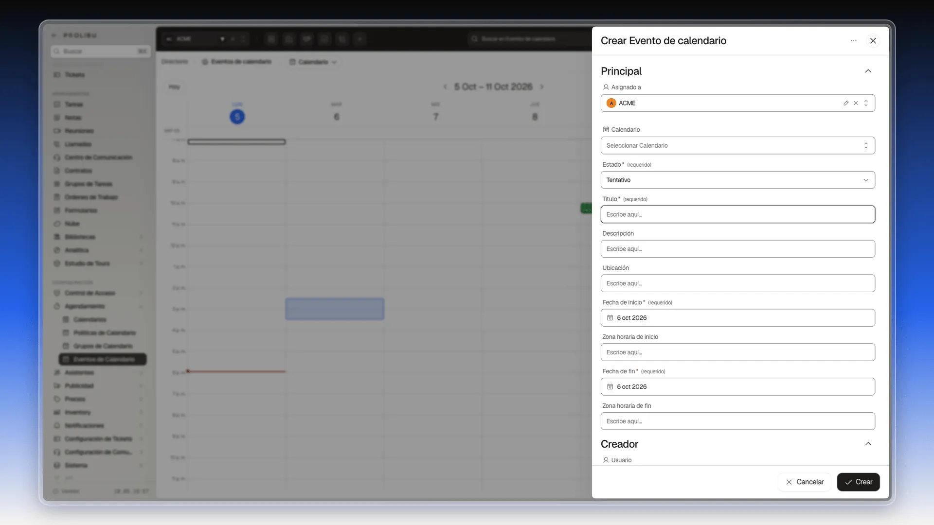 Panel Crear Evento de calendario abierto desde un hueco del martes, con la fecha de inicio y de fin ya puestas
