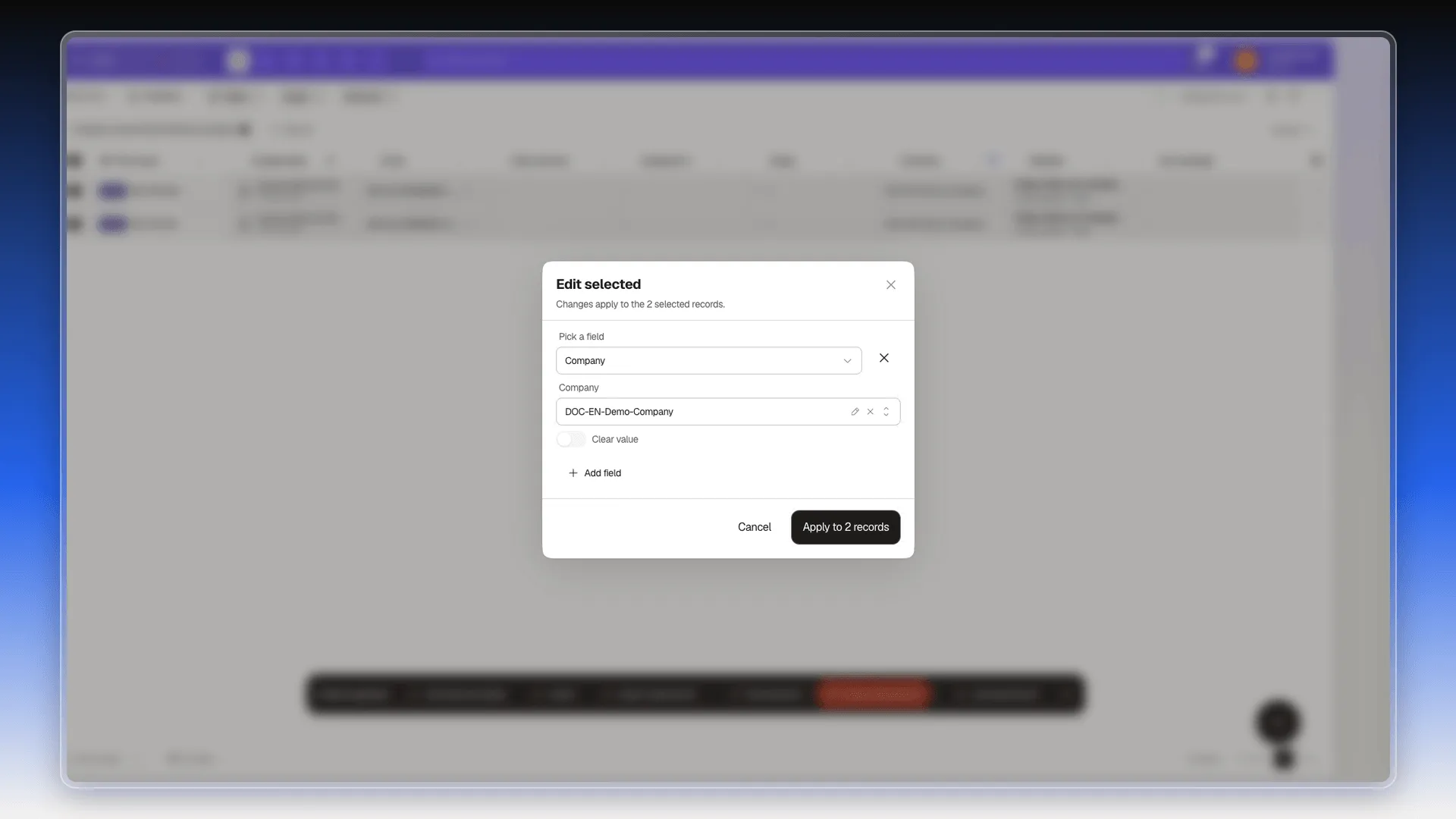 Edit selected dialog with Company picked as the field, a company chosen as its value, and Apply to 2 records highlighted