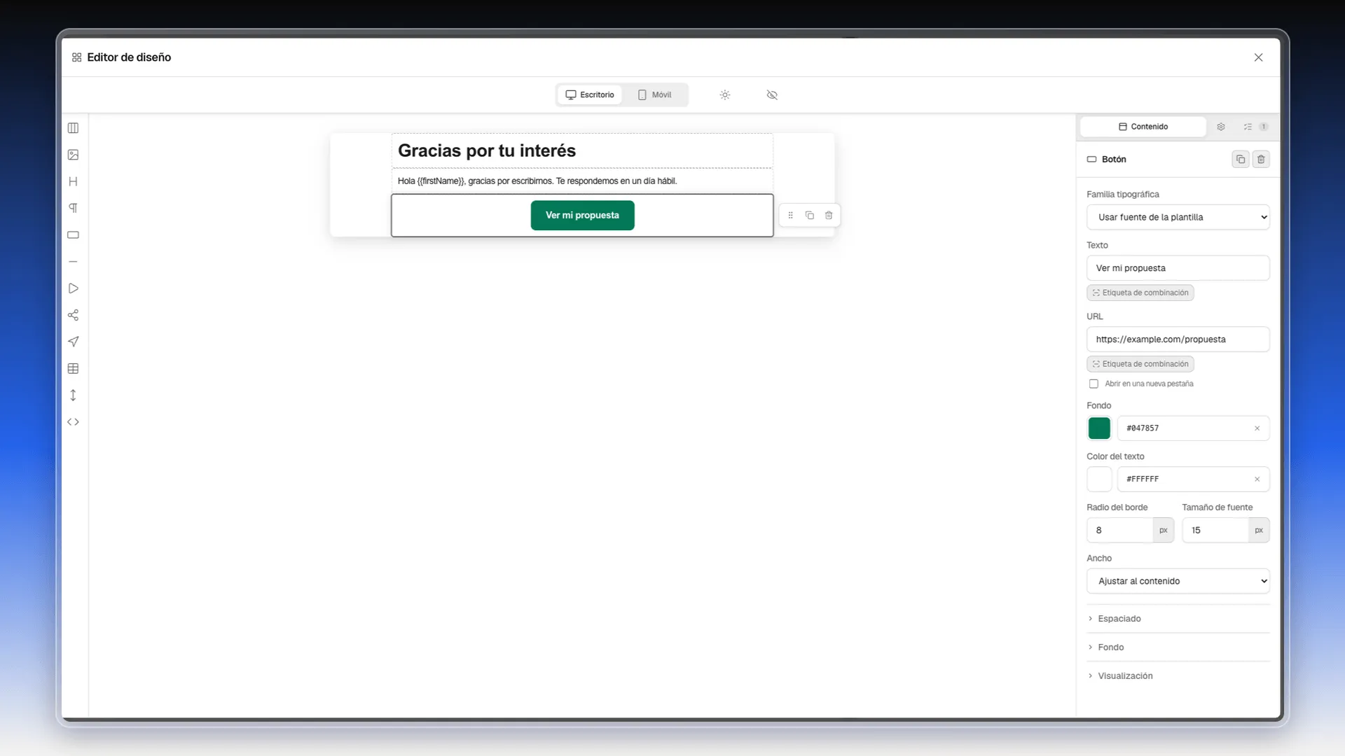Editor de diseño con un título, un párrafo y un botón, y el panel de propiedades del botón a la derecha