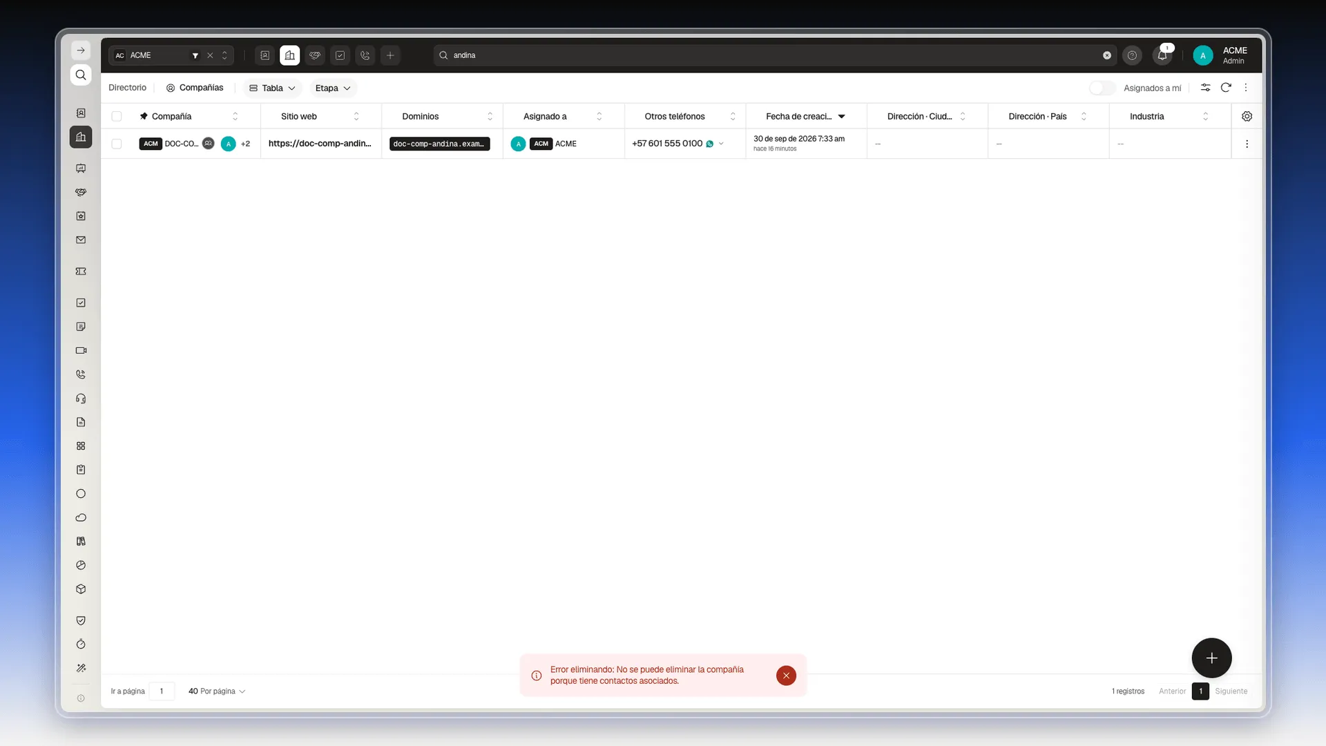 Lista de Compañías con el aviso rojo Error eliminando: No se puede eliminar la compañía porque tiene contactos asociados