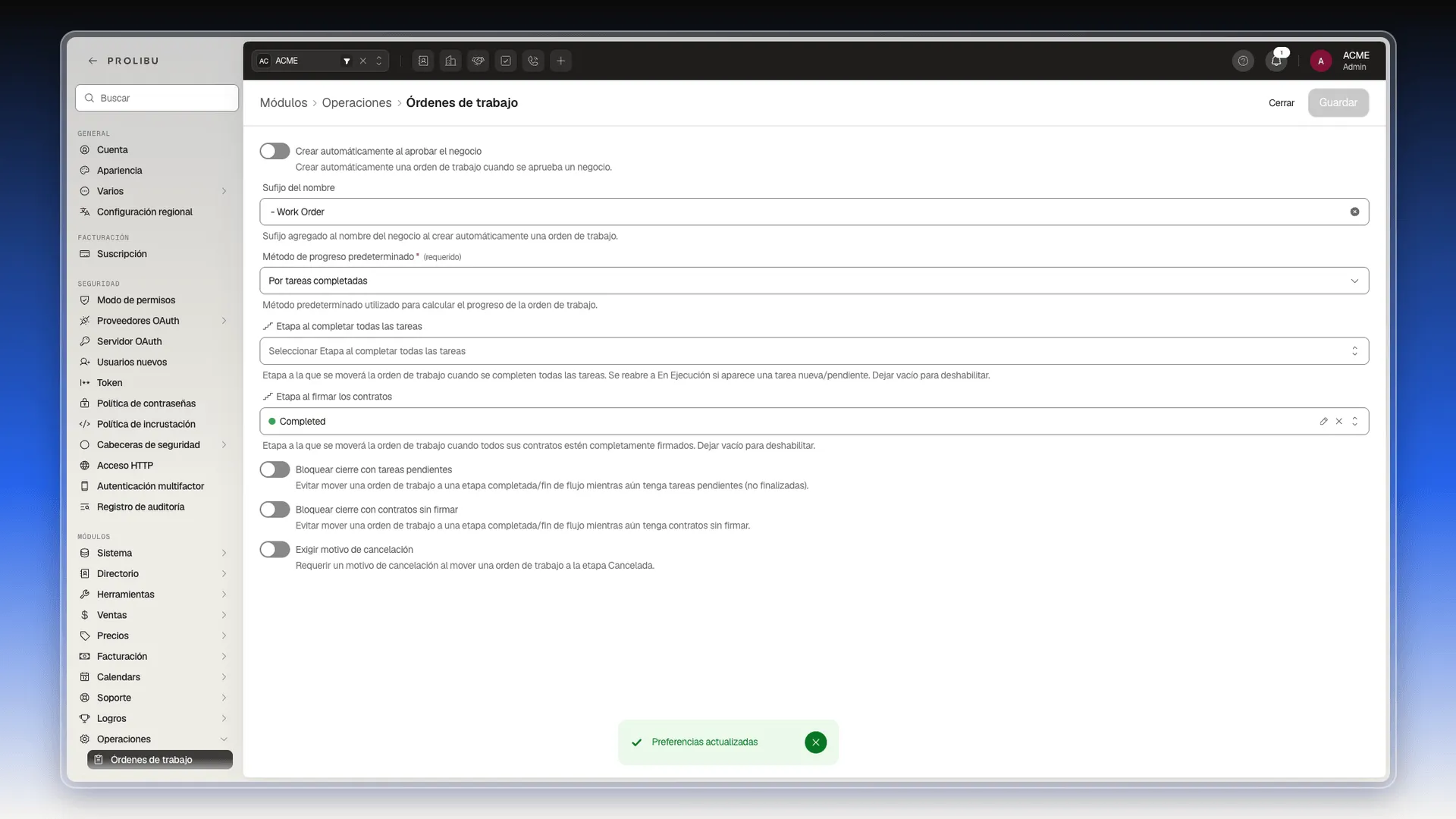 Pantalla de Órdenes de trabajo en Preferencias con Completed elegida en Etapa al firmar los contratos y el aviso Preferencias actualizadas